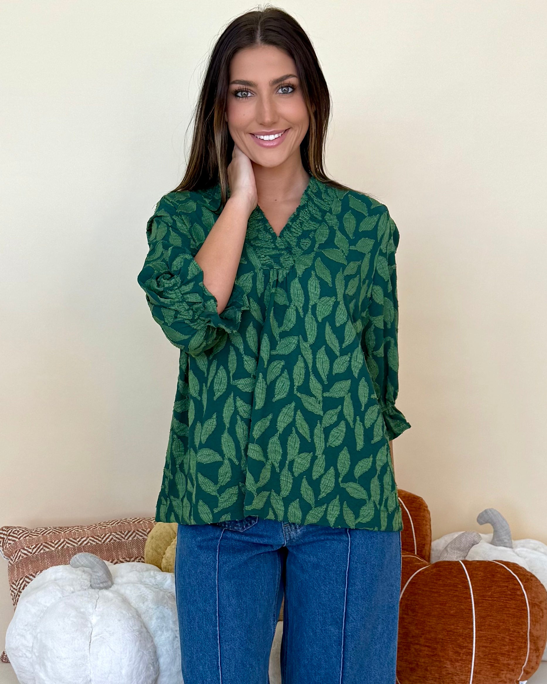 Sunkist Sroll Green Floral Jacquard Top-Shop-Womens-Boutique-Clothing
