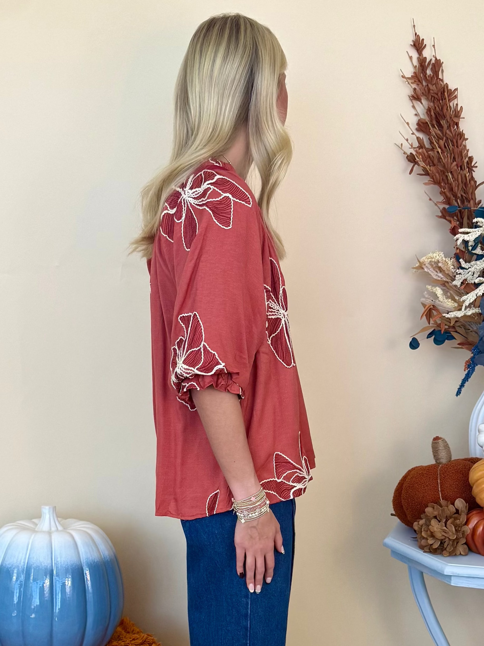 Beautiful Blooms Rose Embroidered Contrast Detail Top
