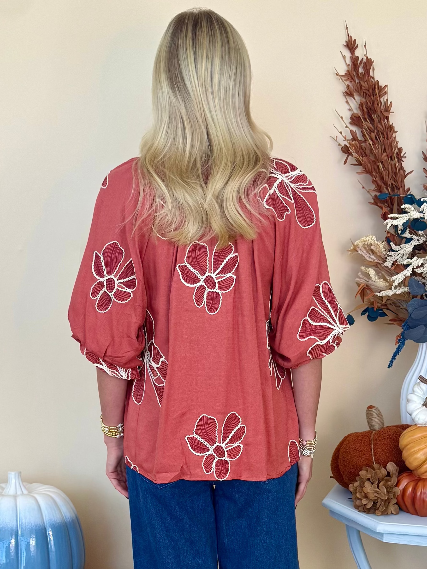 Beautiful Blooms Rose Embroidered Contrast Detail Top