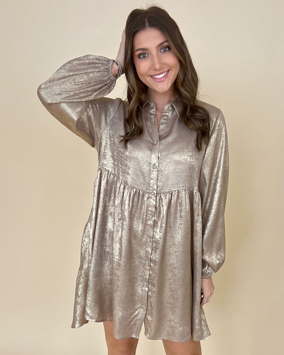 Wonderful Time Taupe Metallic Dress-Shop-Womens-Boutique-Clothing