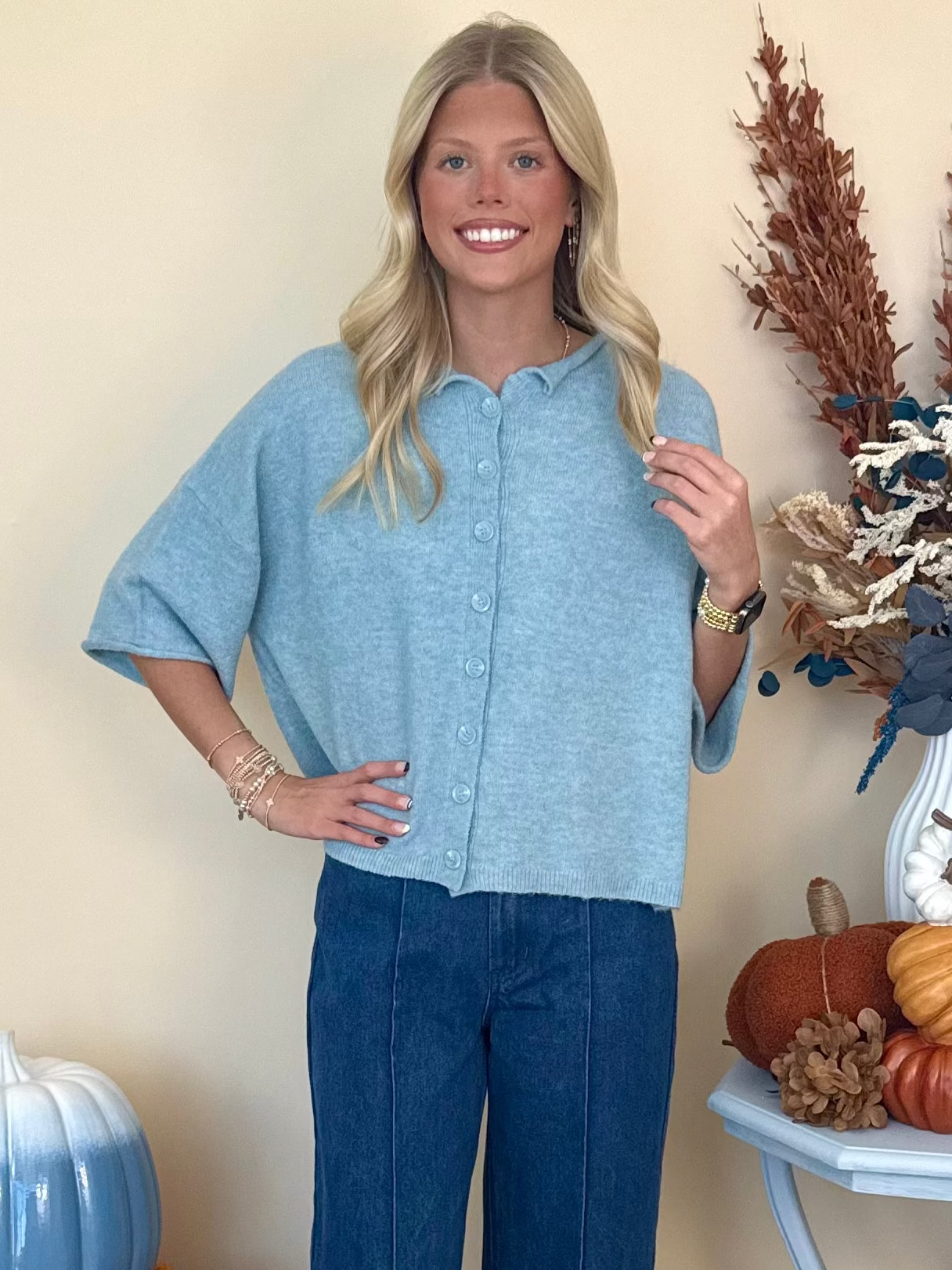 Moonlit Dance Dusty Blue Button Up Cardigan Sweater