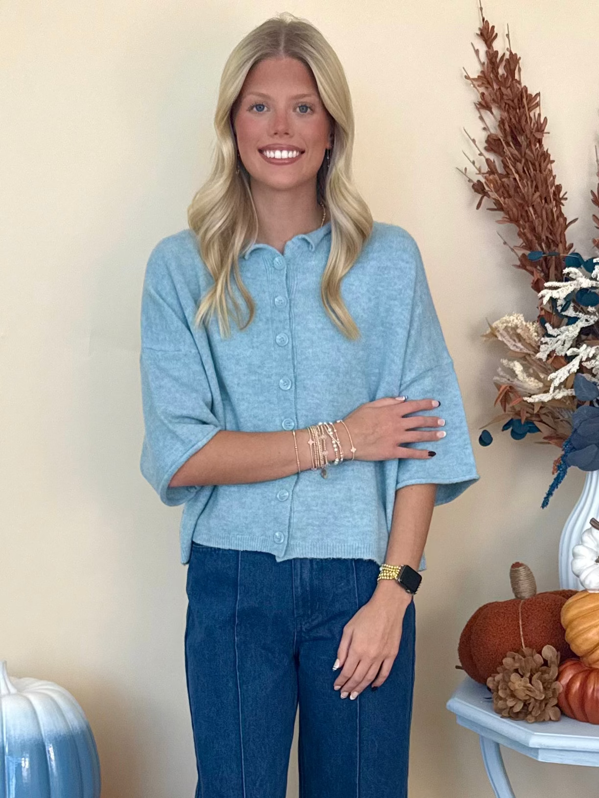 Moonlit Dance Dusty Blue Button Up Cardigan Sweater