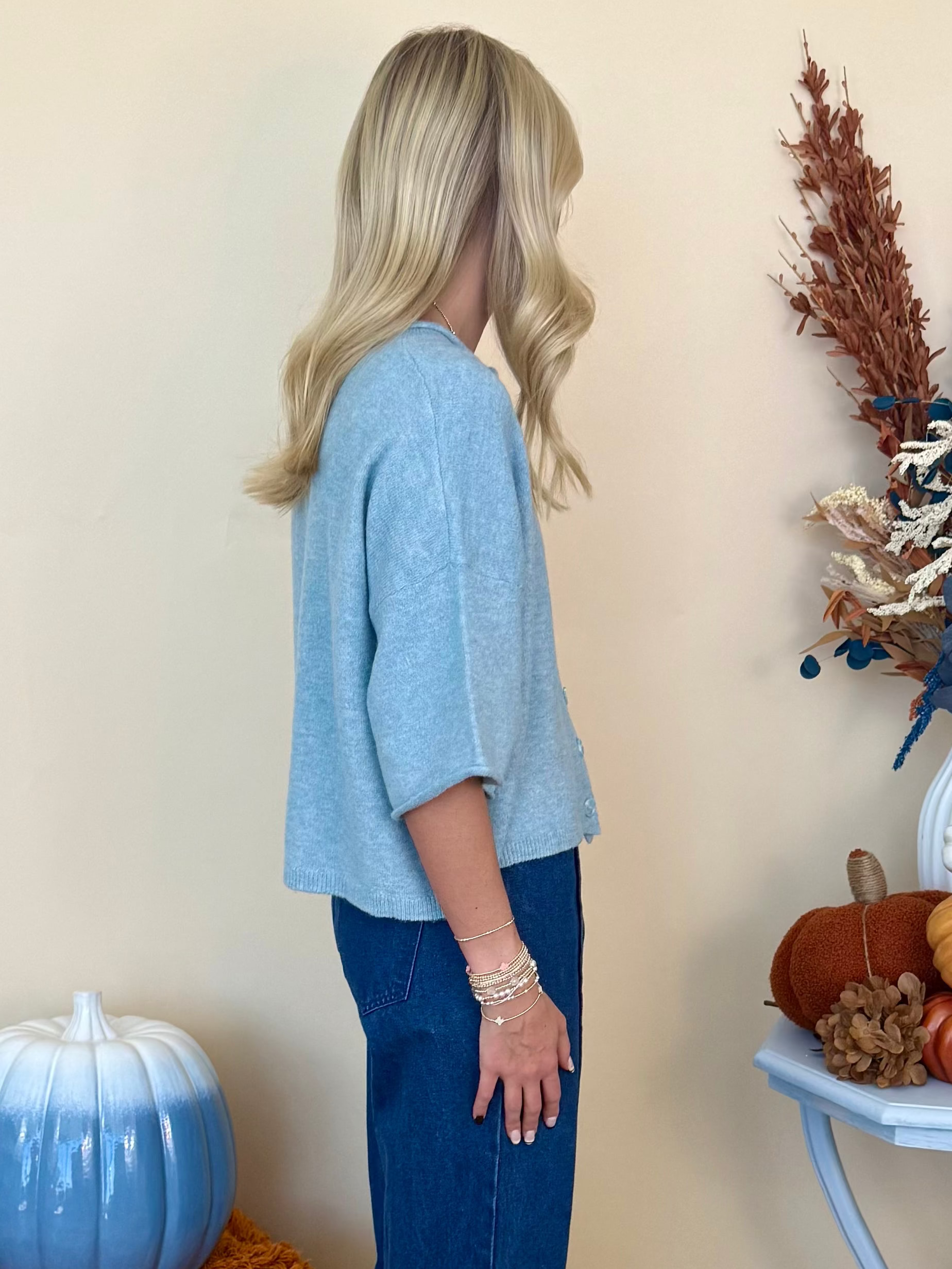 Moonlit Dance Dusty Blue Button Up Cardigan Sweater