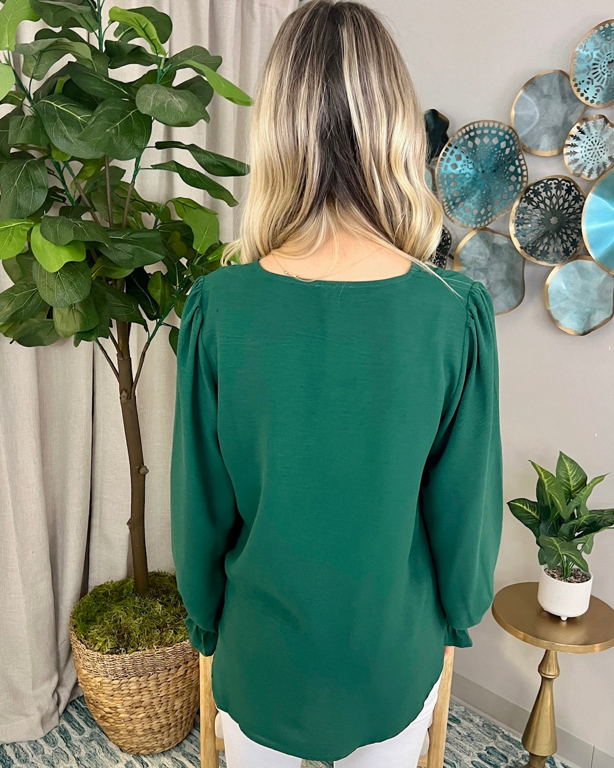 Autumn Charm Hunter Green V-neck Top-Shop-Womens-Boutique-Clothing