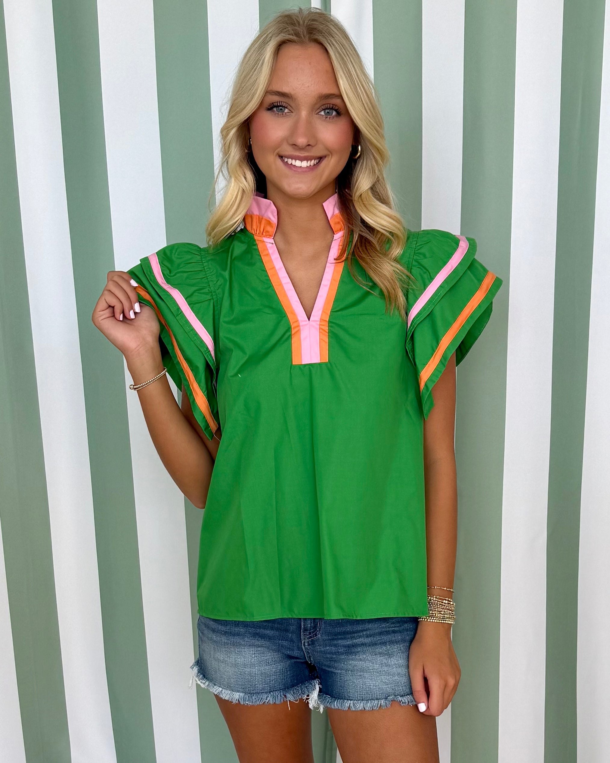 Playful Feel Green Flutter Sleeve Top-Shop-Womens-Boutique-Clothing