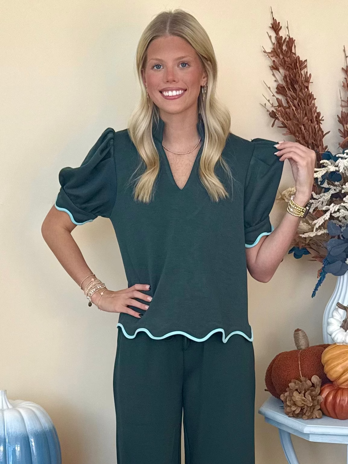 Posh Moment Forest Split Neck Scallop Trim Top