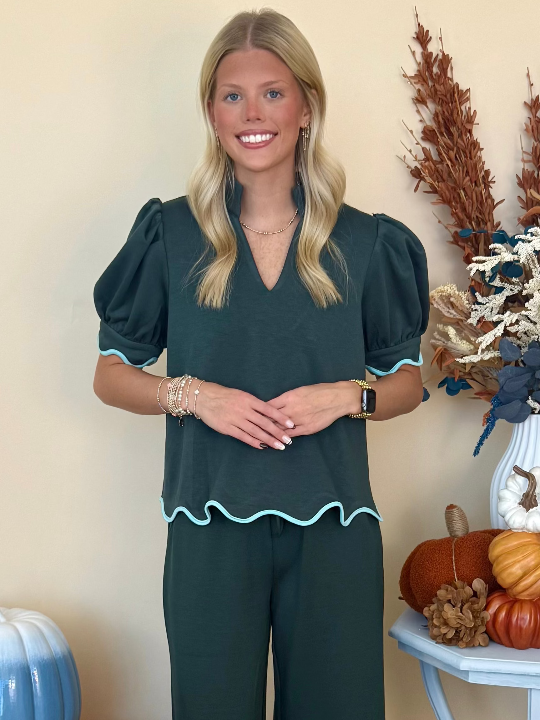 Posh Moment Forest Split Neck Scallop Trim Top