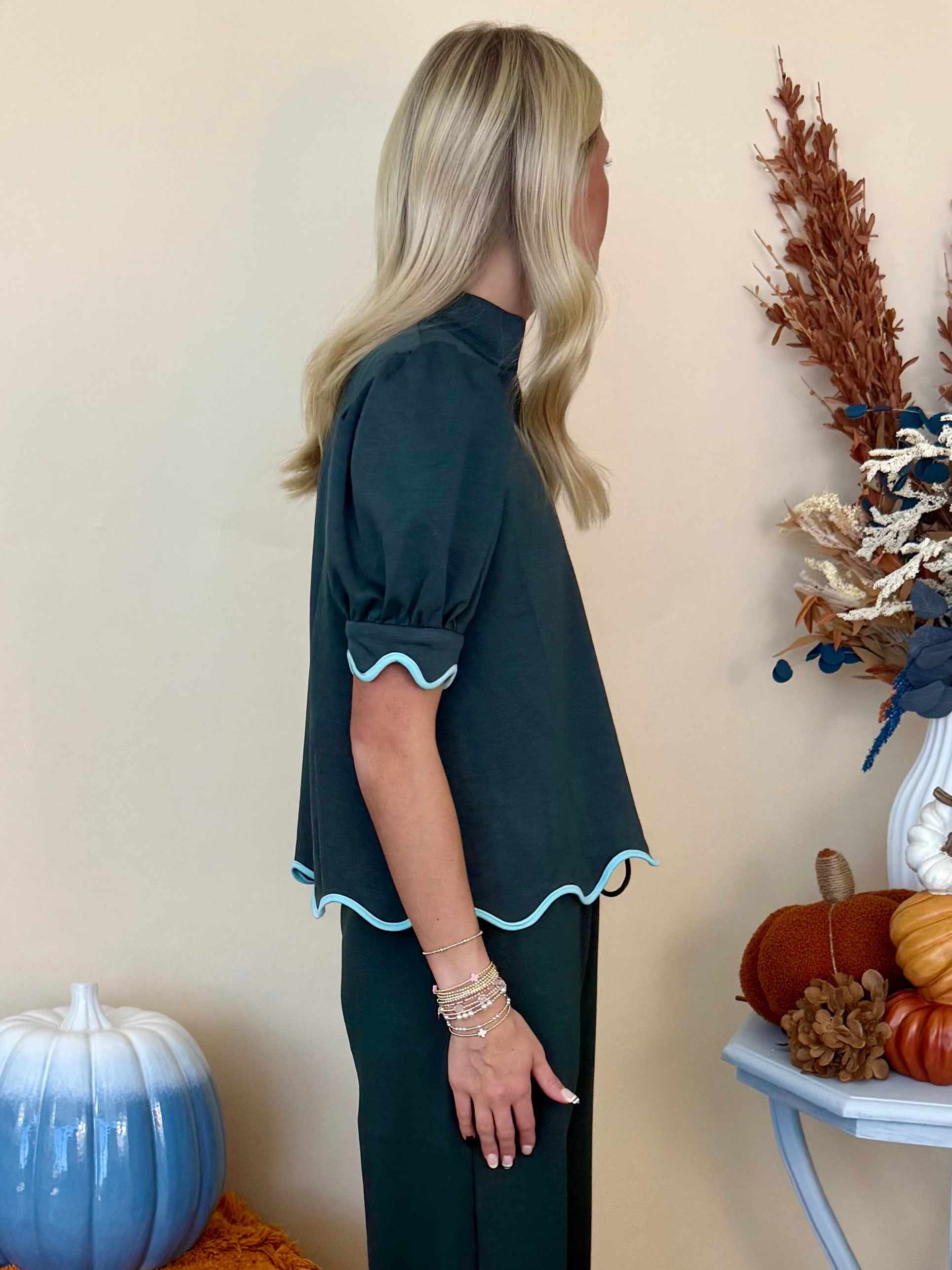 Posh Moment Forest Split Neck Scallop Trim Top