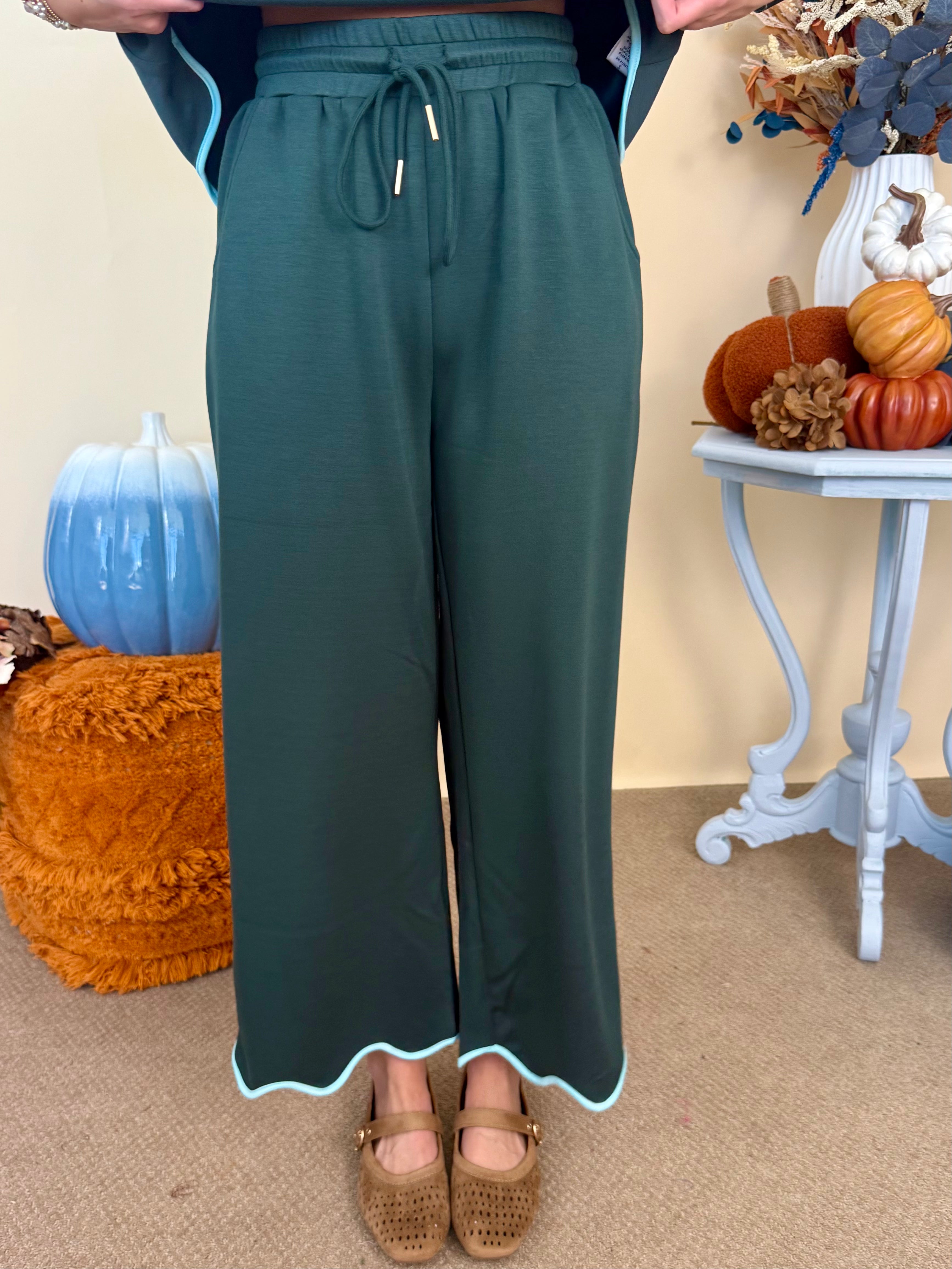 Romantic Notion Forest Scallop Trim Drawstring Pants