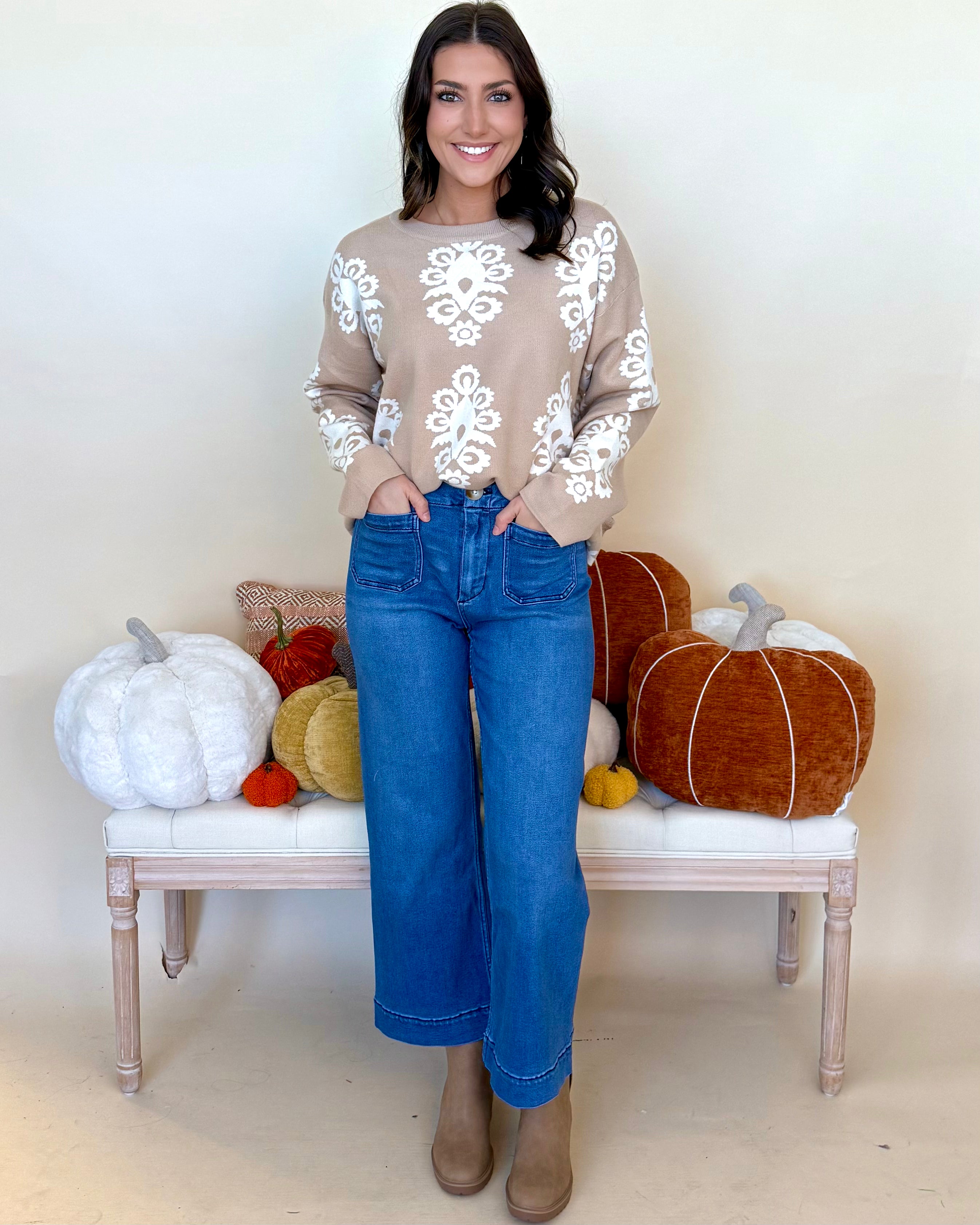 Easy Days Taupe Printed Sweater-Shop-Womens-Boutique-Clothing