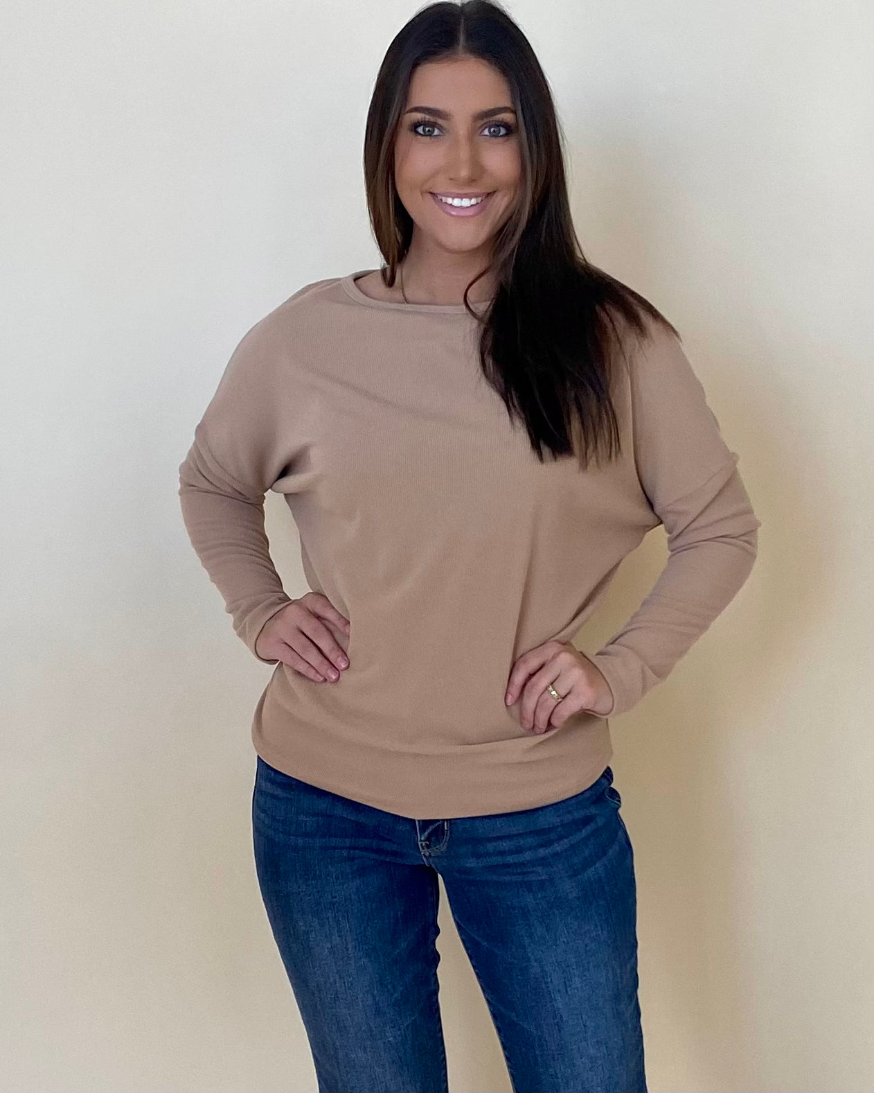 Just For You Taupe Drop Shoulder Top-Shop-Womens-Boutique-Clothing