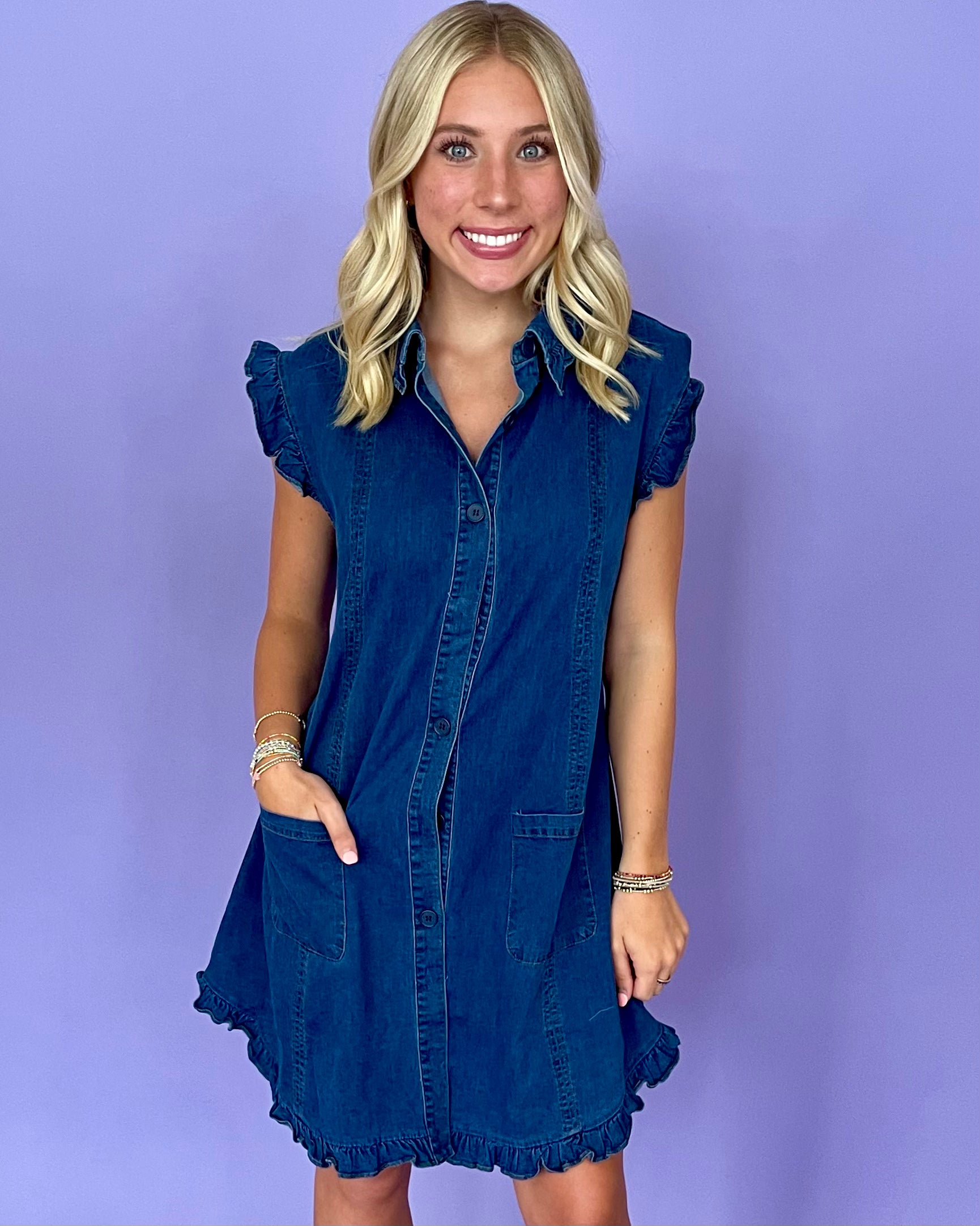 Easy Wander Denim Ruffle Dress-Shop-Womens-Boutique-Clothing