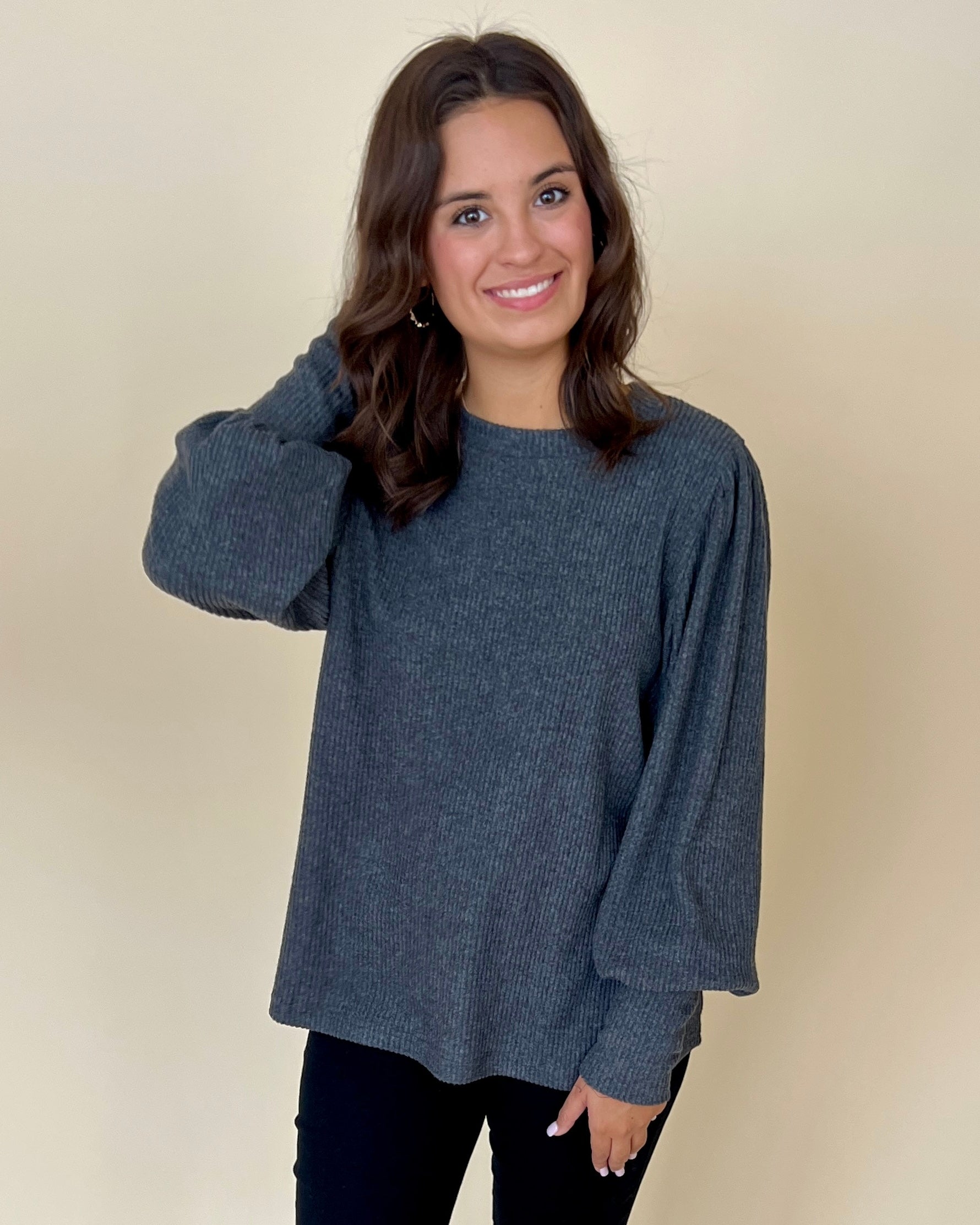 Perfect Together Charcoal Rib Puff Sleeve Top-Shop-Womens-Boutique-Clothing