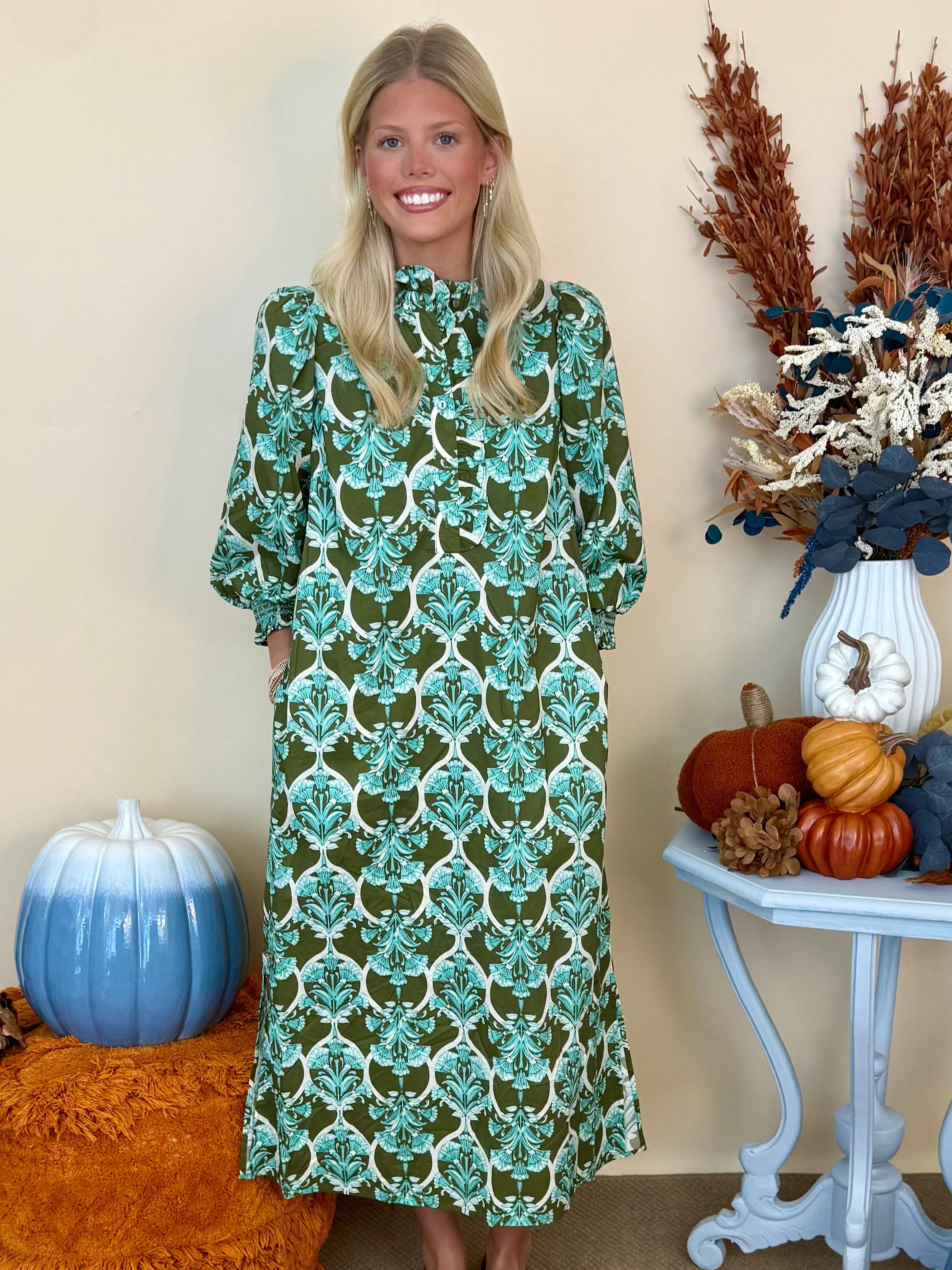 Off the Clock Olive Floral 3/4 Sleeve Button Up Maxi Dress-Shop-Womens-Boutique-Clothing