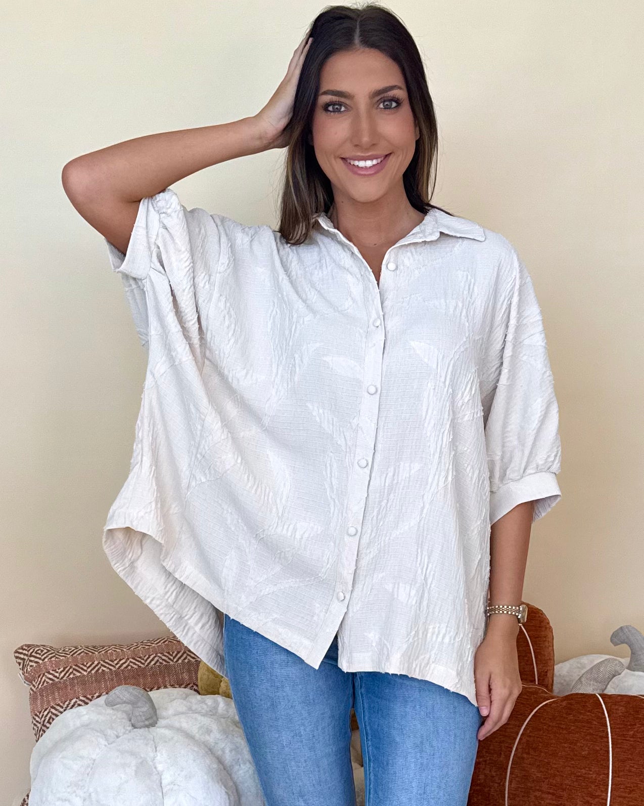 Softly Spoken Champagne Jacquard Leaf Top-Shop-Womens-Boutique-Clothing