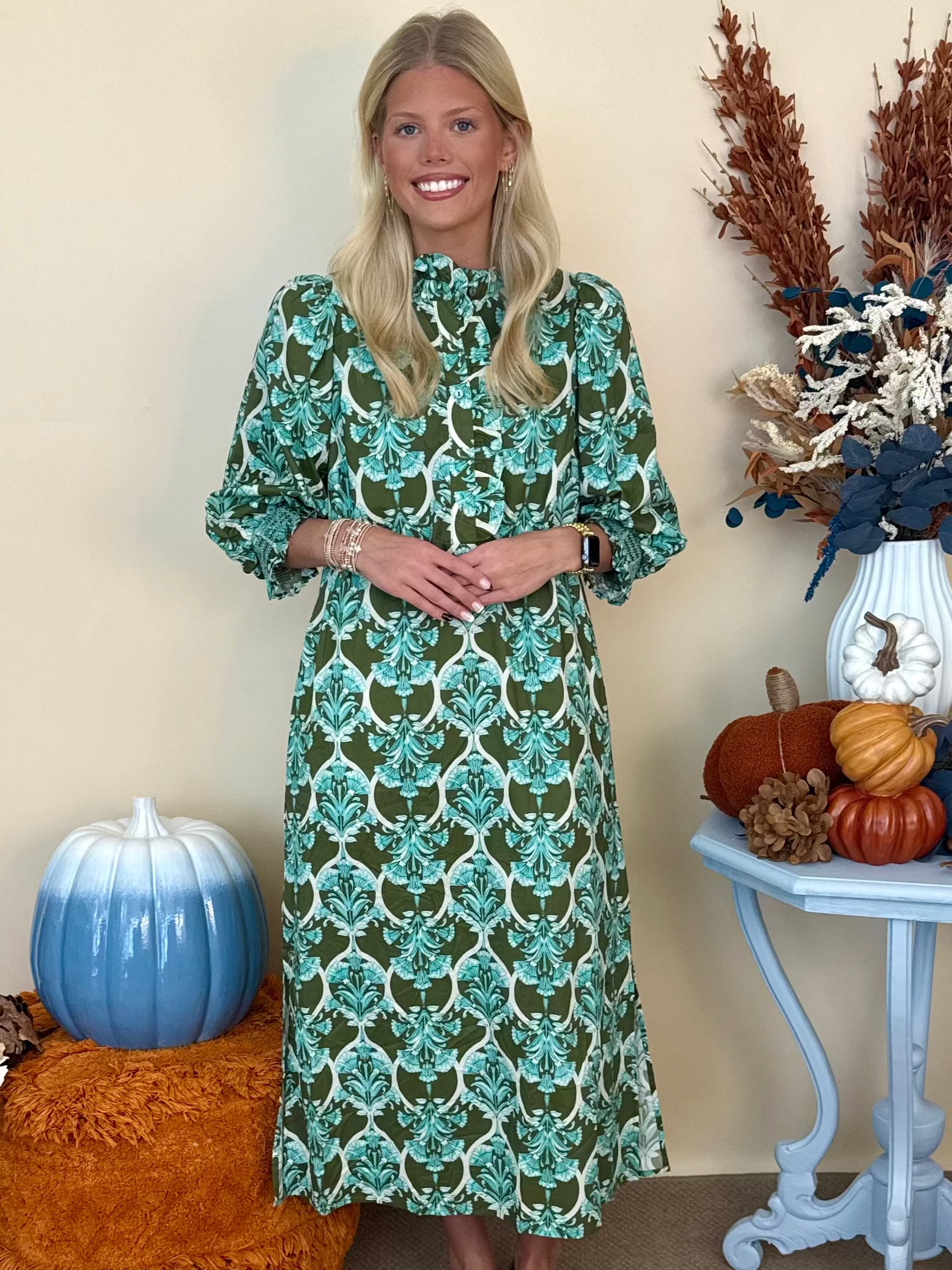Off the Clock Olive Floral 3/4 Sleeve Button Up Maxi Dress-Shop-Womens-Boutique-Clothing