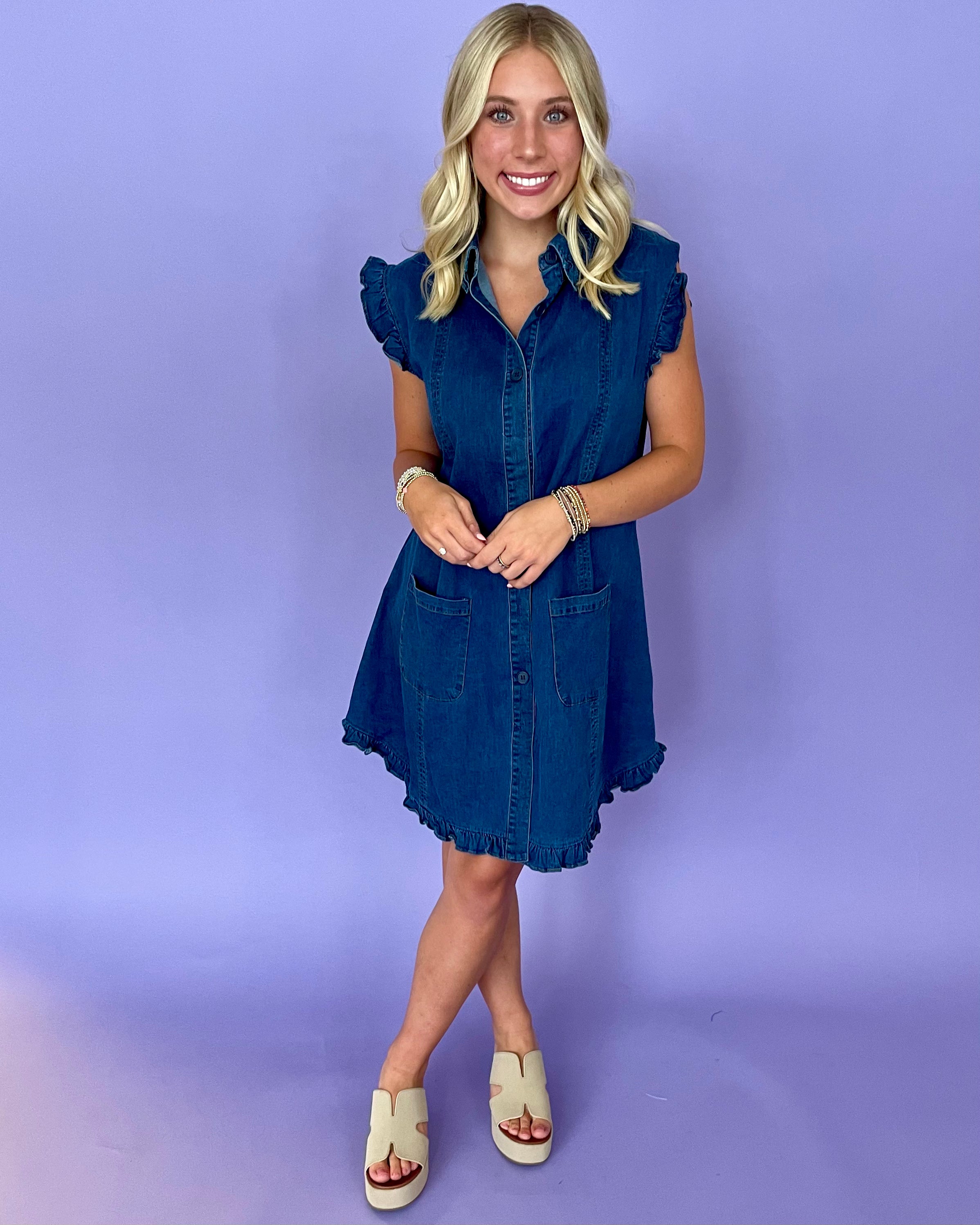 Easy Wander Denim Ruffle Dress-Shop-Womens-Boutique-Clothing