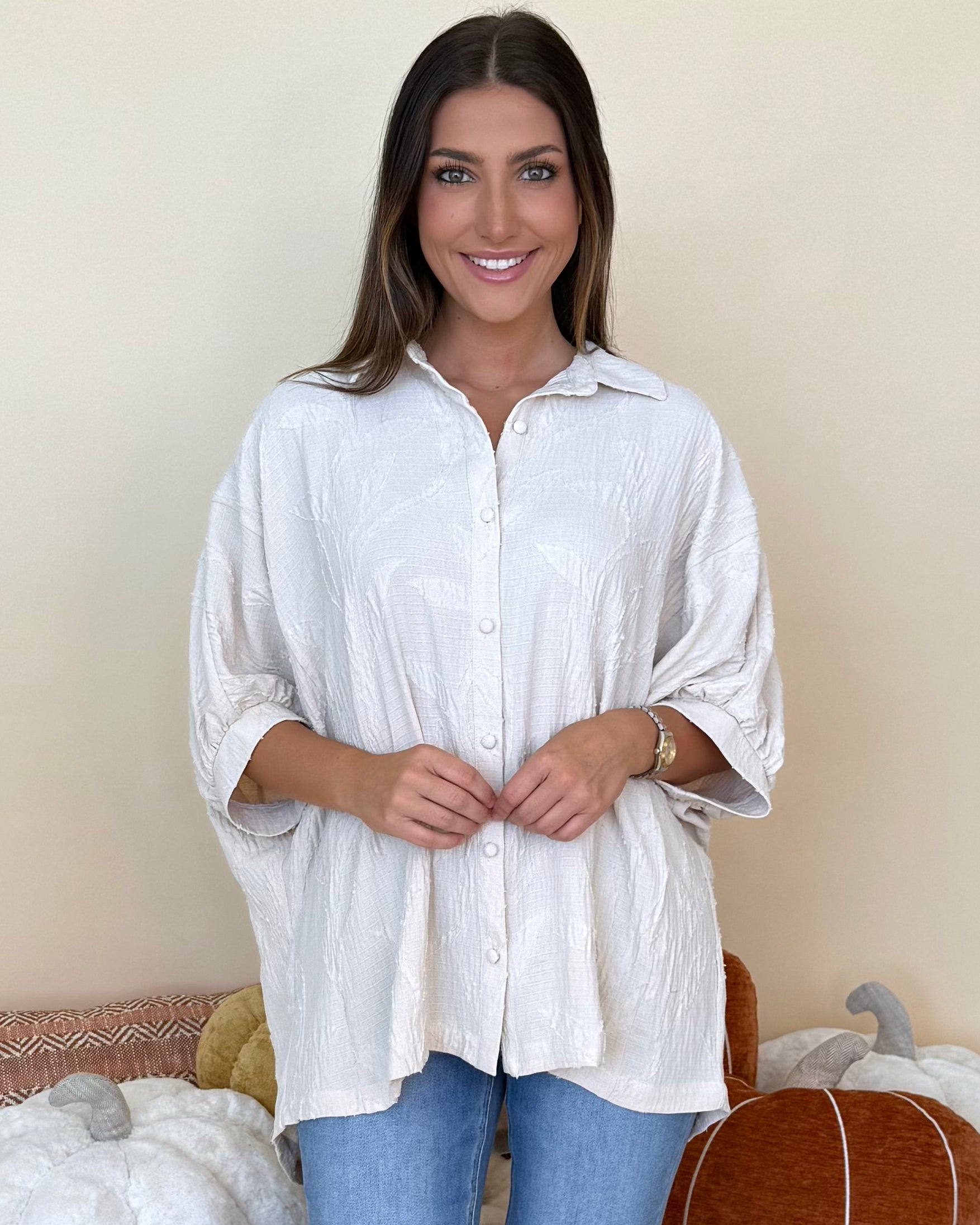 Softly Spoken Champagne Jacquard Leaf Top-Shop-Womens-Boutique-Clothing