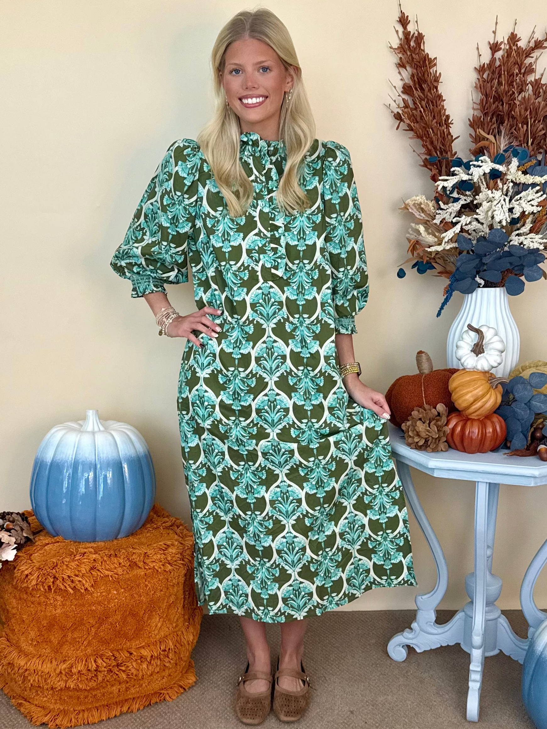 Off the Clock Olive Floral 3/4 Sleeve Button Up Maxi Dress-Shop-Womens-Boutique-Clothing