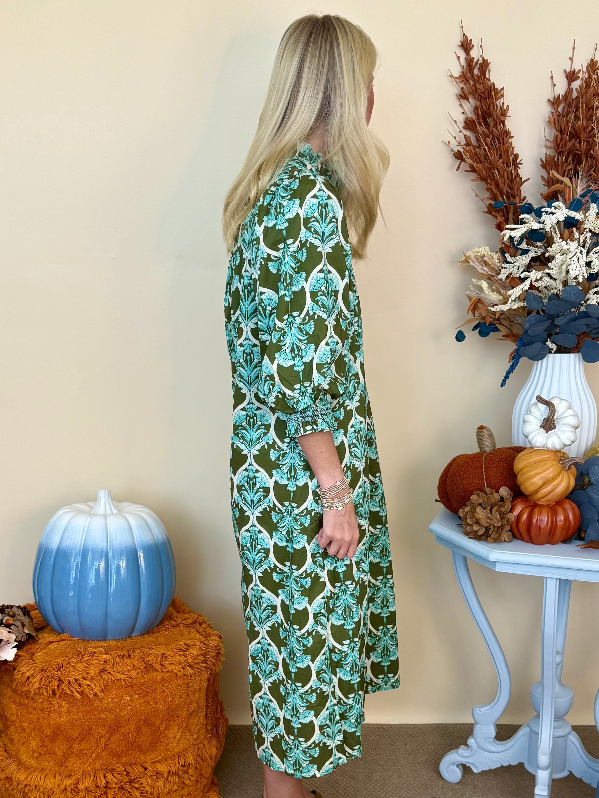 Off the Clock Olive Floral 3/4 Sleeve Button Up Maxi Dress-Shop-Womens-Boutique-Clothing