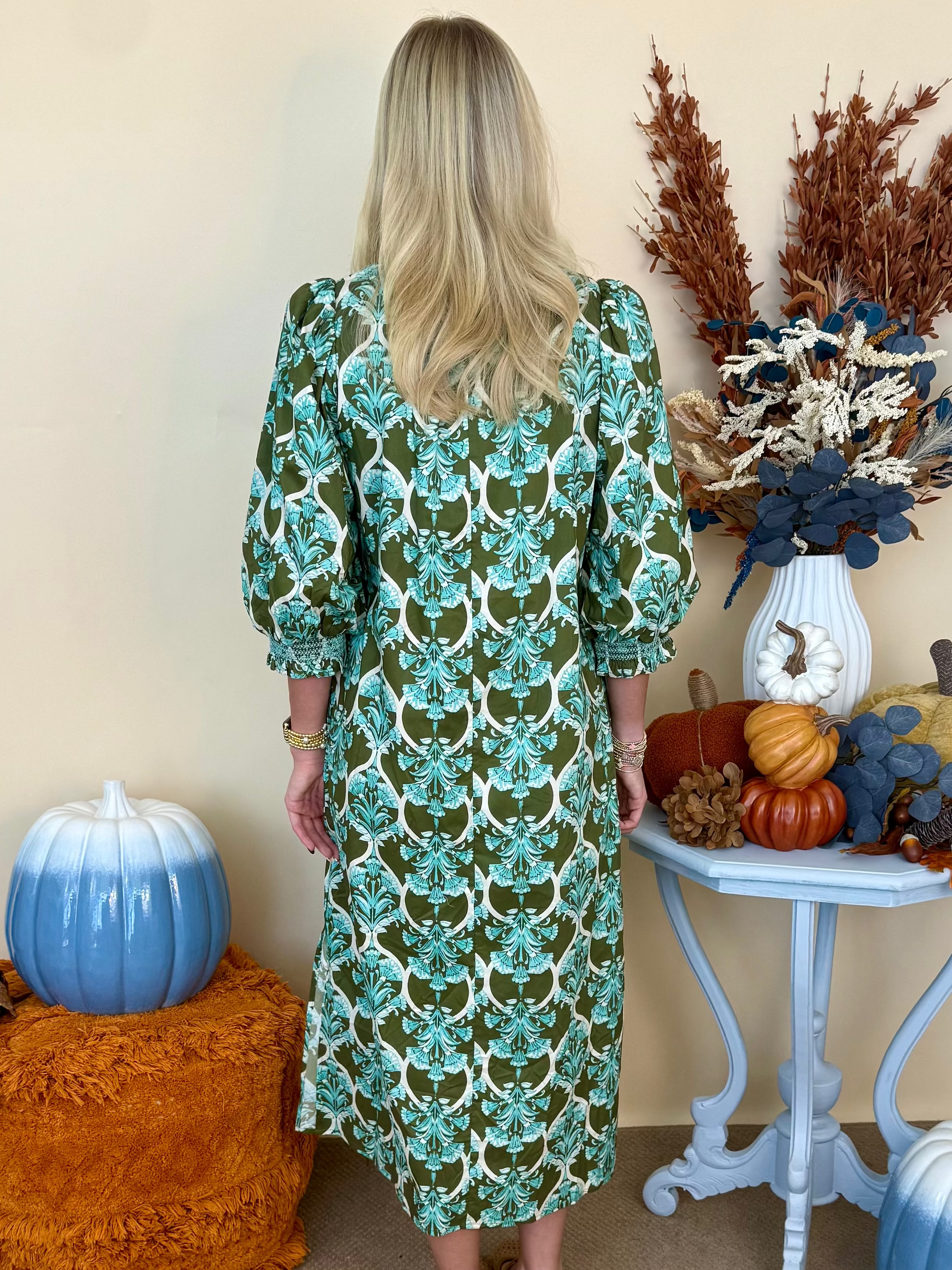 Off the Clock Olive Floral 3/4 Sleeve Button Up Maxi Dress-Shop-Womens-Boutique-Clothing