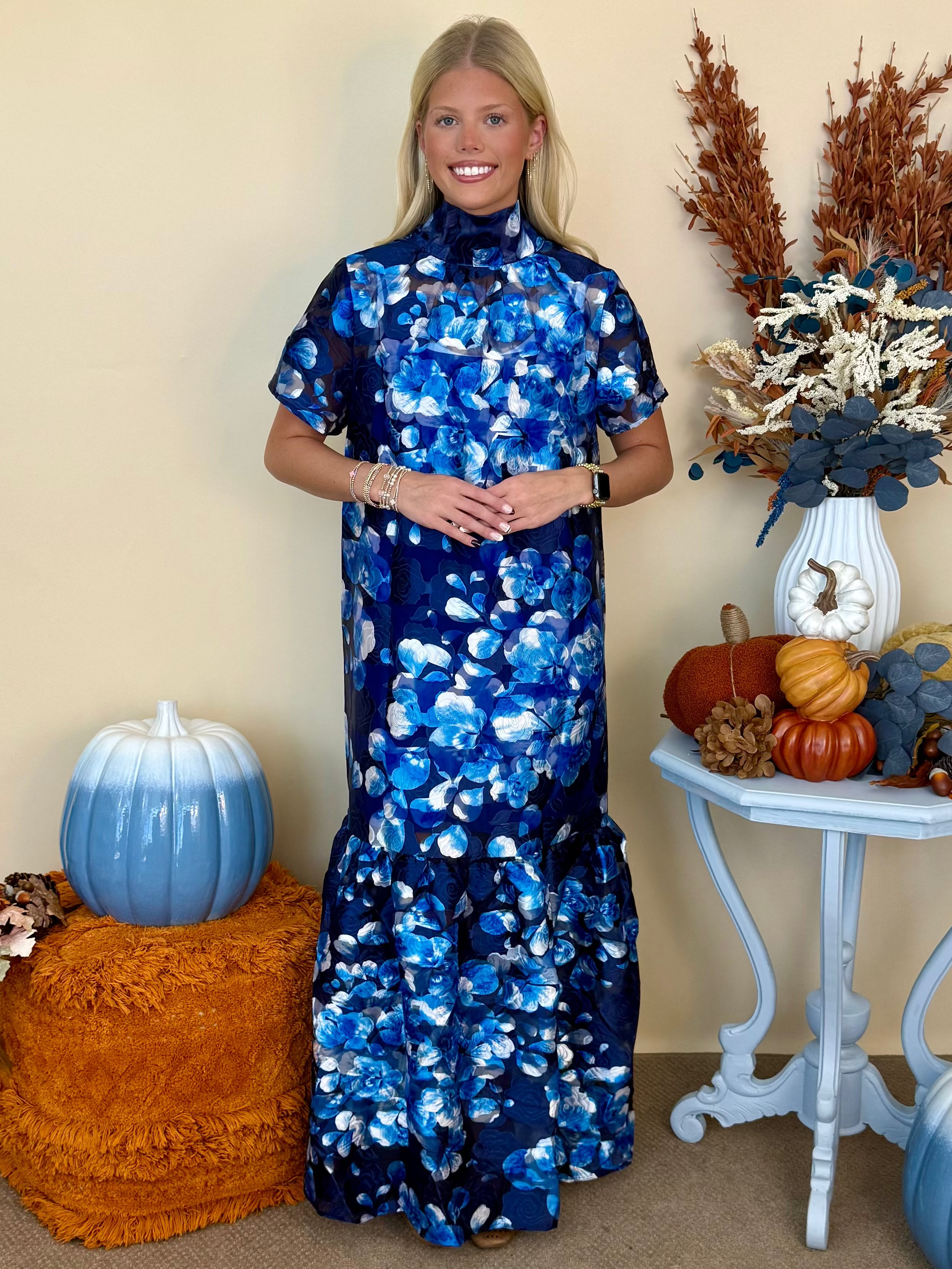 Come Through Blue/White Floral Organza Maxi Dress-Shop-Womens-Boutique-Clothing