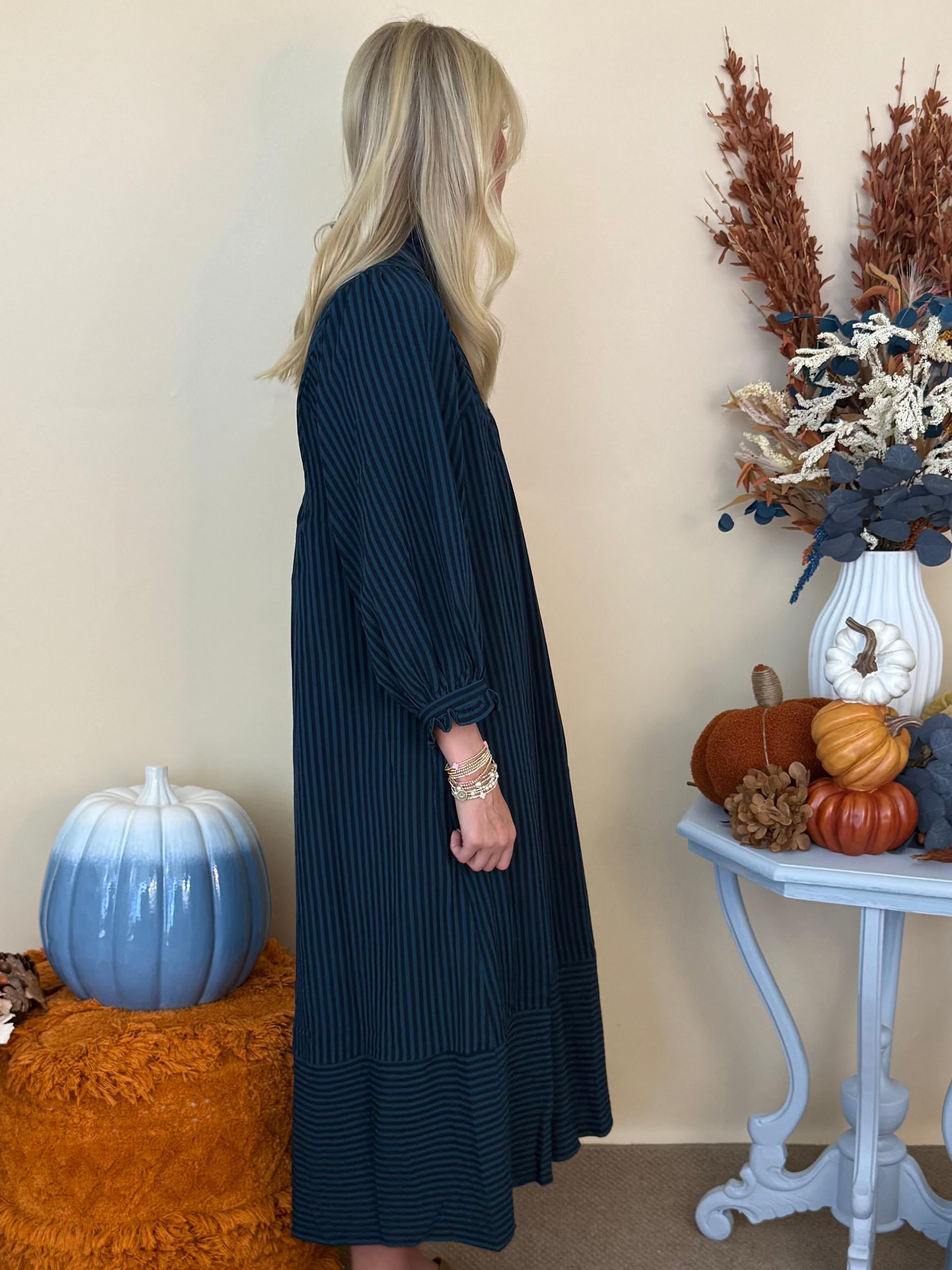 Evening Glow Teal Striped Seersucker Midi Dress-Shop-Womens-Boutique-Clothing