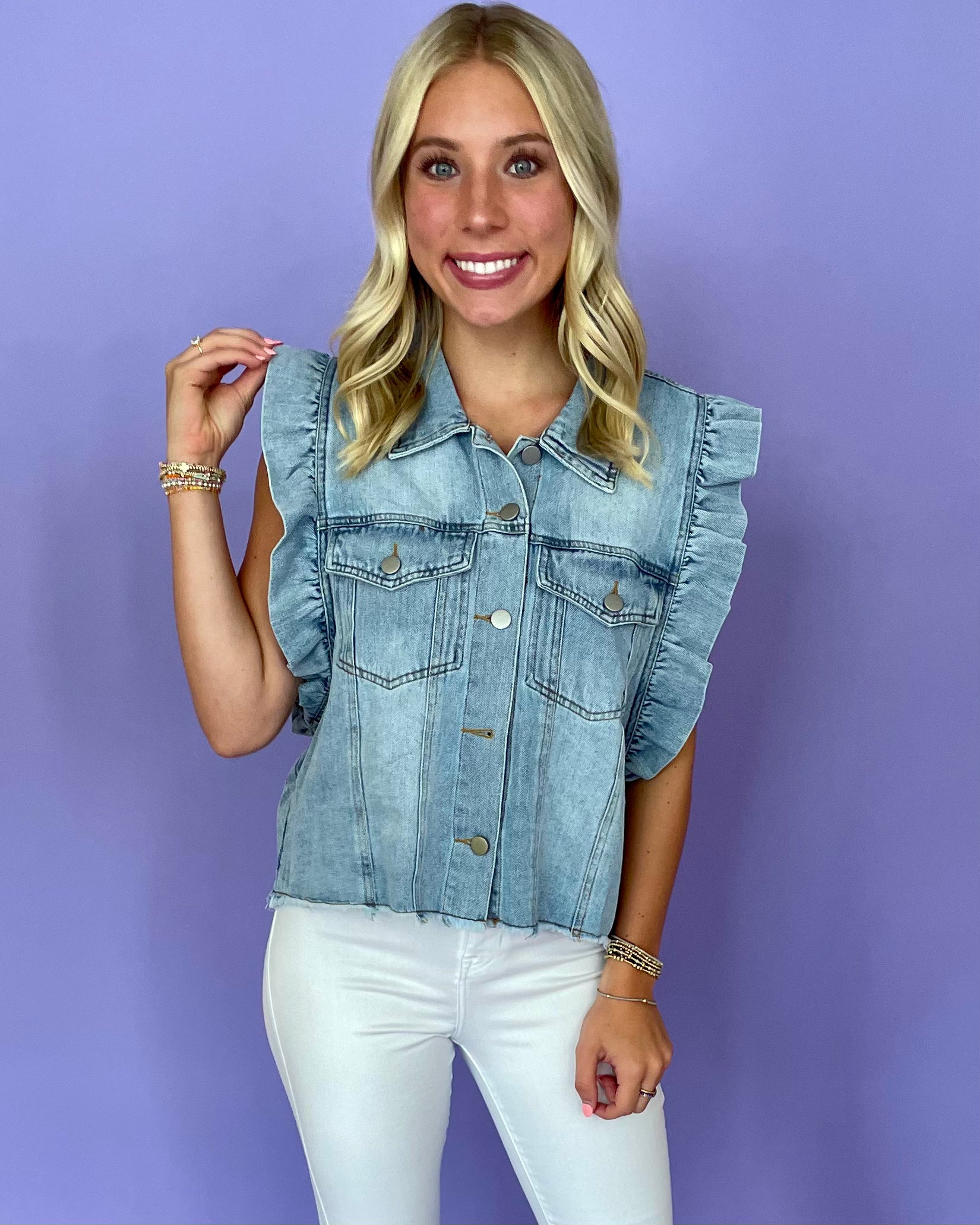 Easy Living Denim Ruffle Top-Shop-Womens-Boutique-Clothing