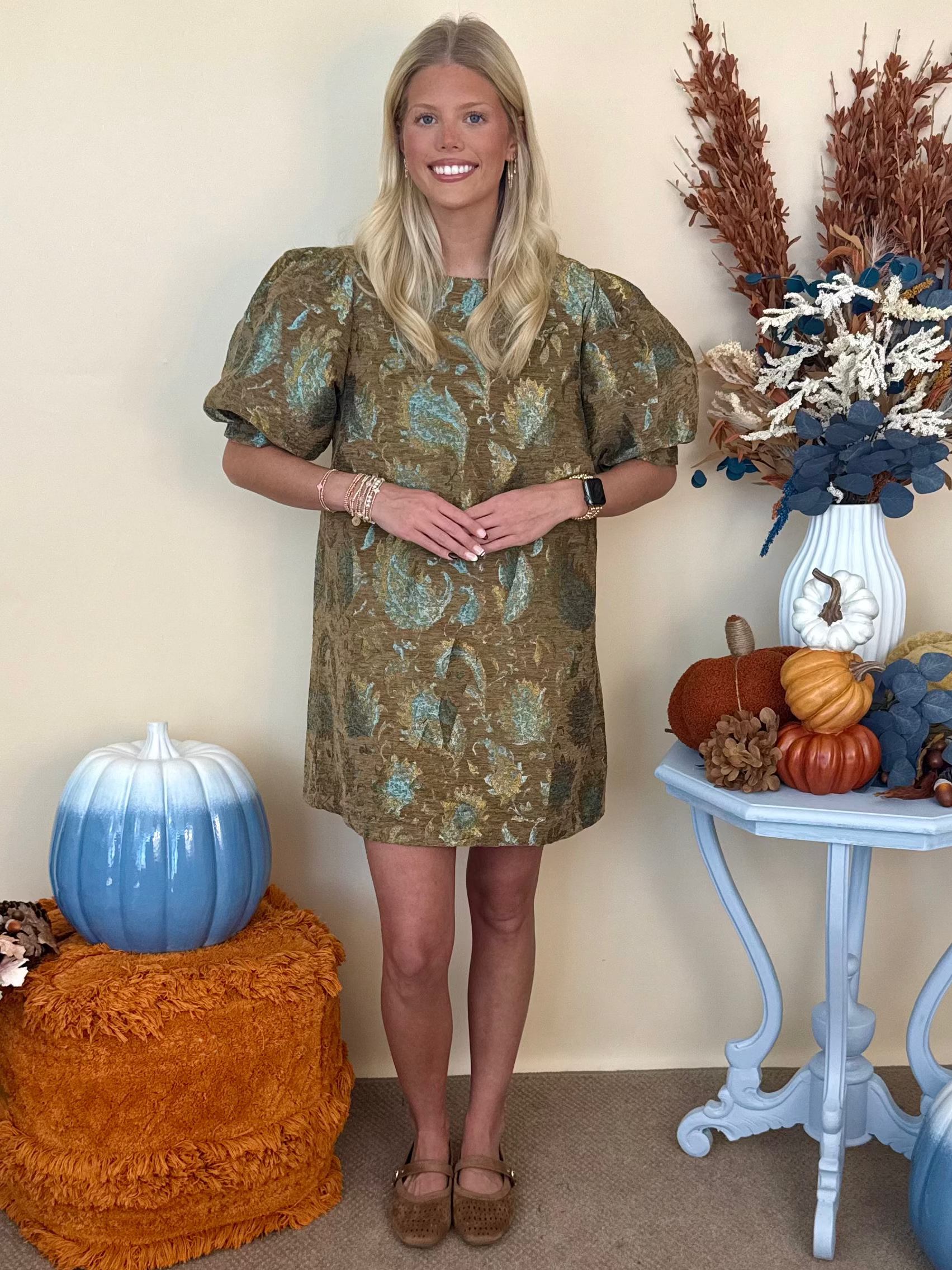 Soft Steps Taupe Mix Metallic Jacquard Puff Sleeve Dress-Shop-Womens-Boutique-Clothing