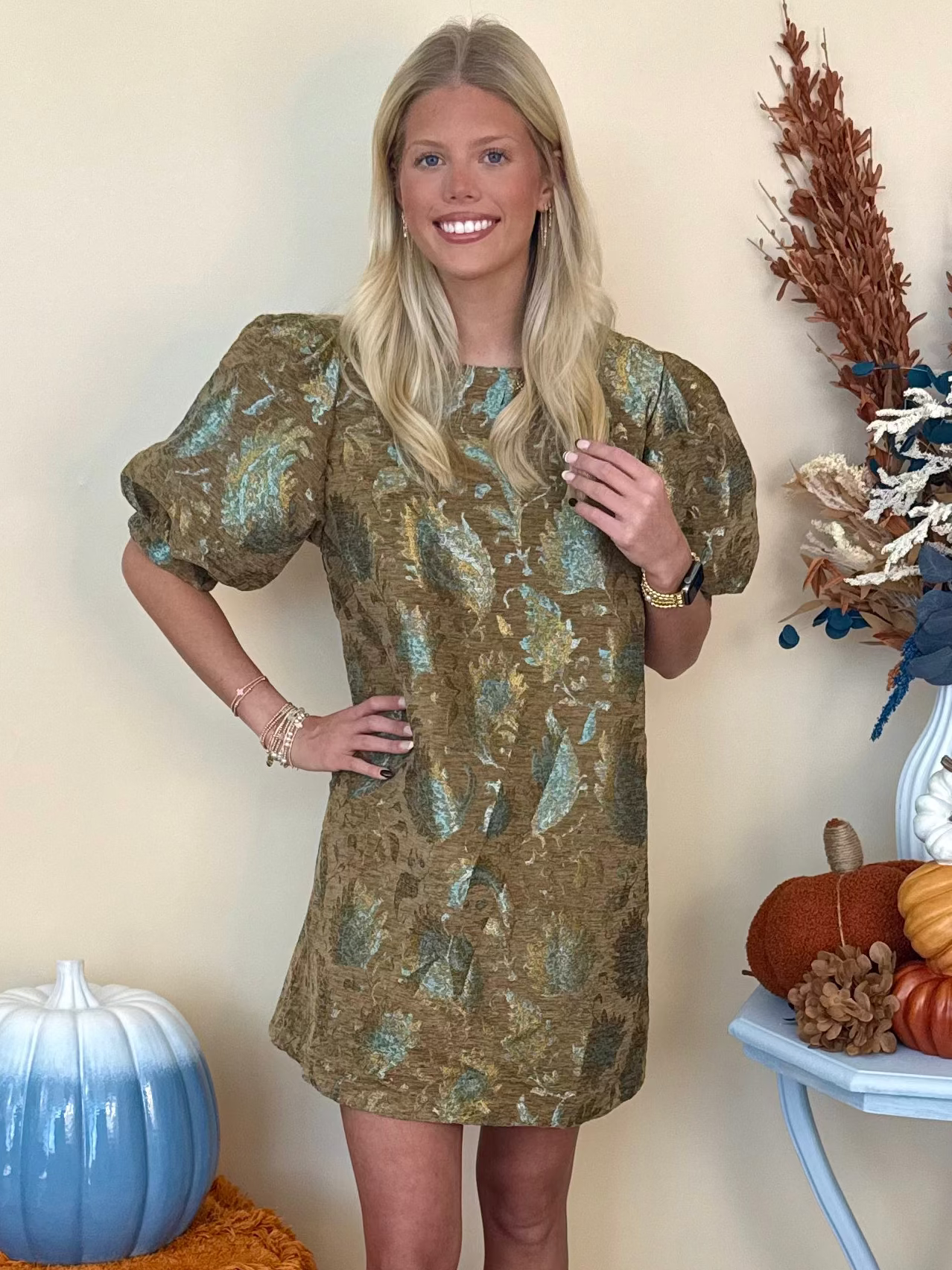 Soft Steps Taupe Mix Metallic Jacquard Puff Sleeve Dress-Shop-Womens-Boutique-Clothing