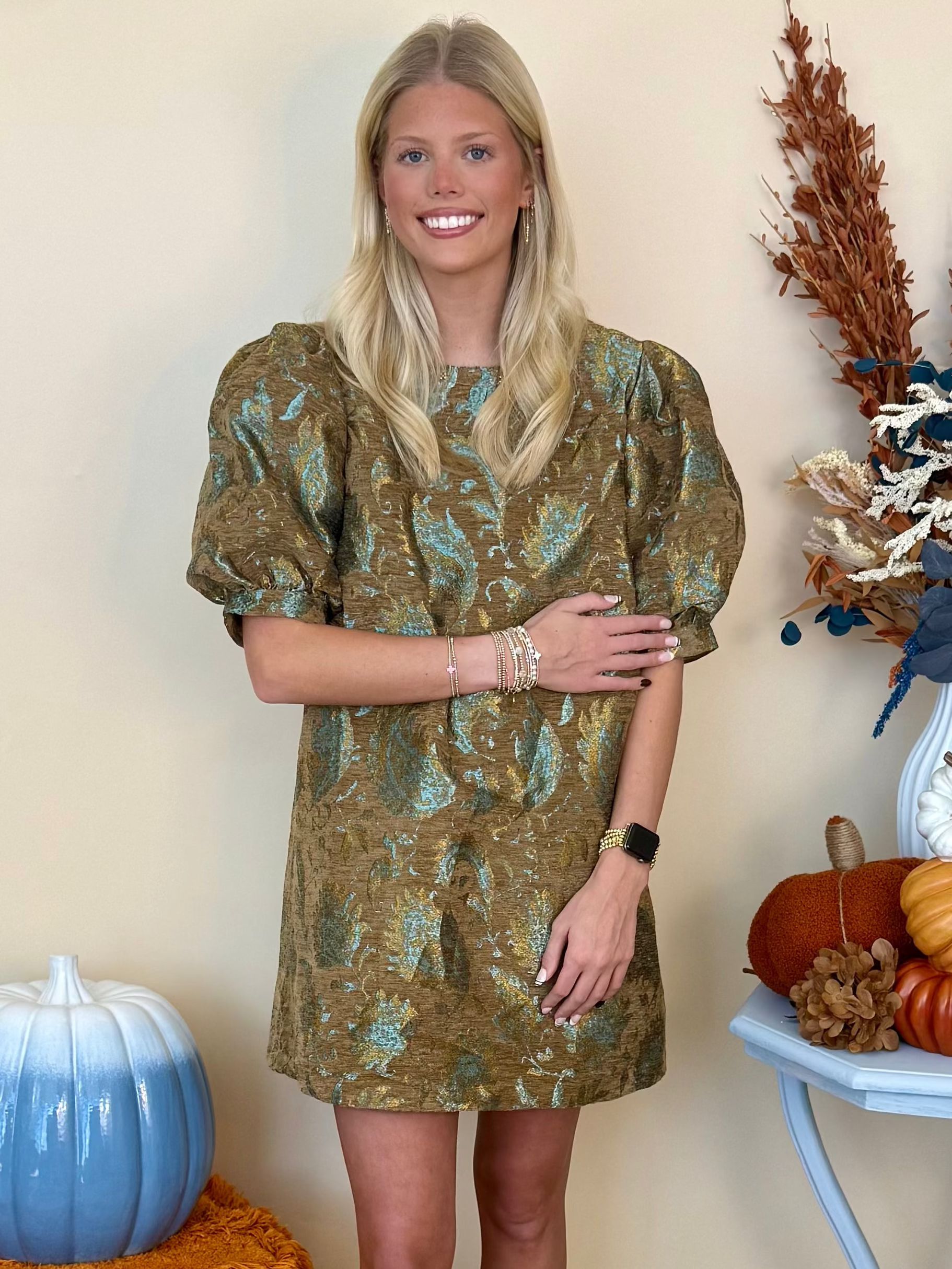 Soft Steps Taupe Mix Metallic Jacquard Puff Sleeve Dress-Shop-Womens-Boutique-Clothing