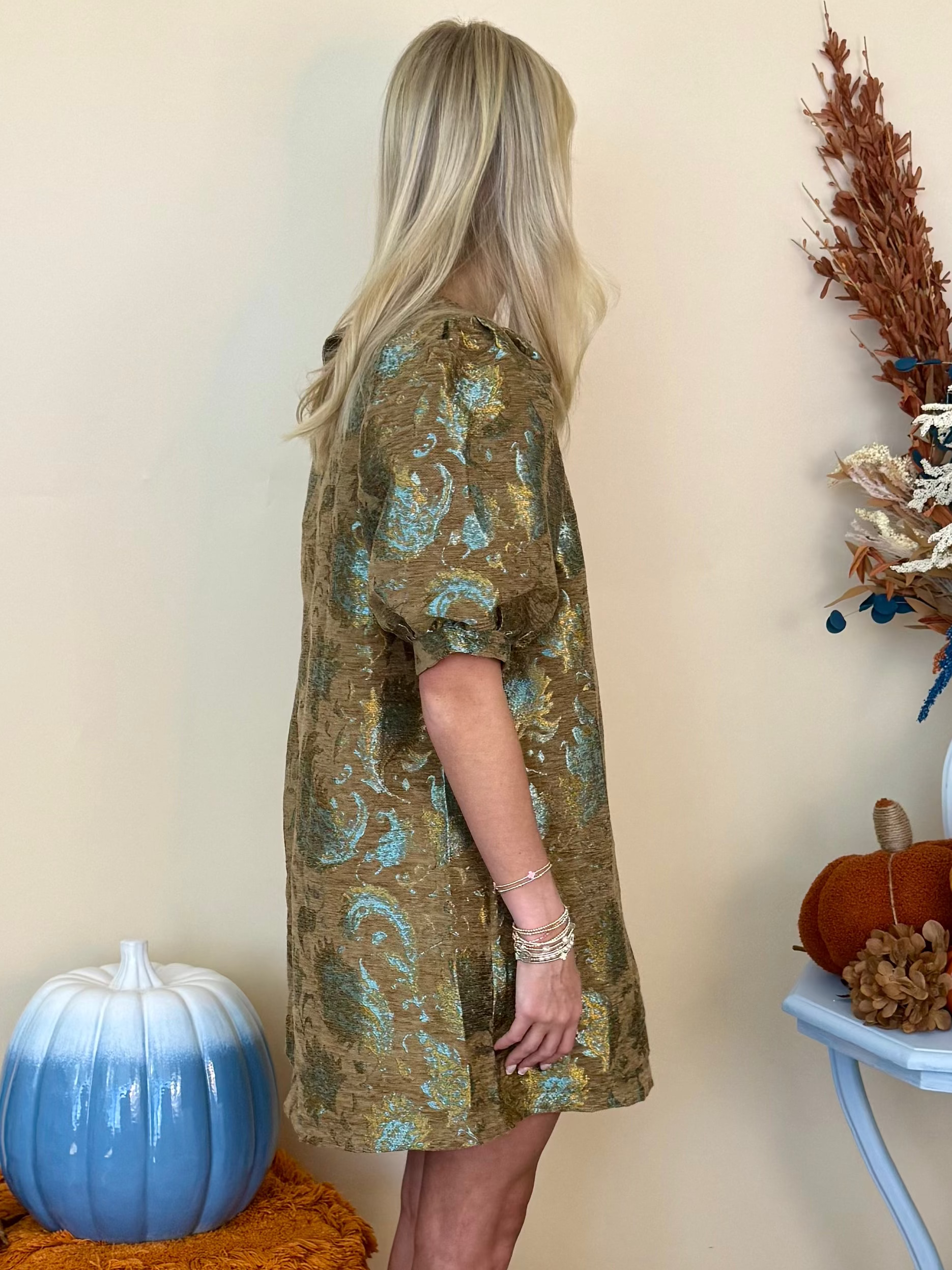 Soft Steps Taupe Mix Metallic Jacquard Puff Sleeve Dress-Shop-Womens-Boutique-Clothing