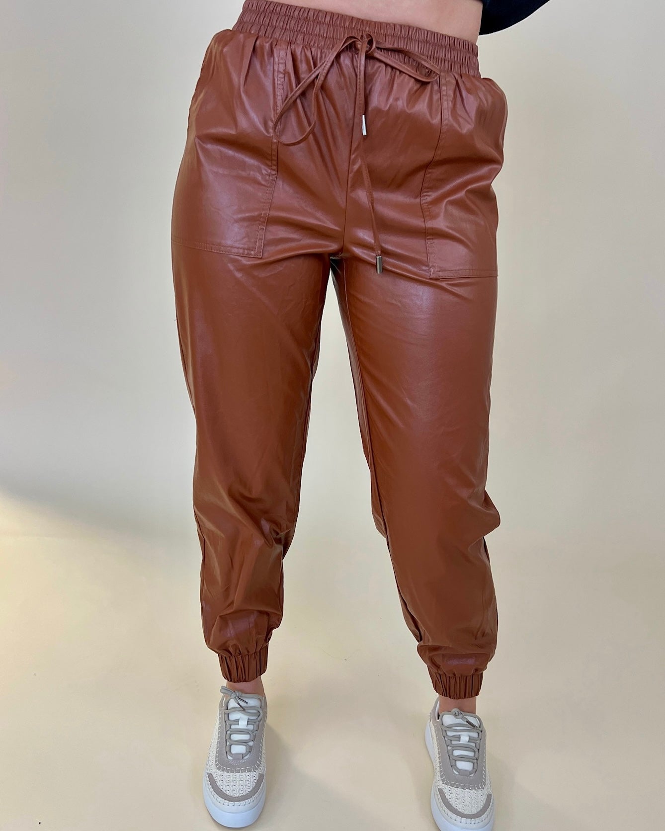 Fun Feeling Camel Faux Leather Jogger Pants-Shop-Womens-Boutique-Clothing