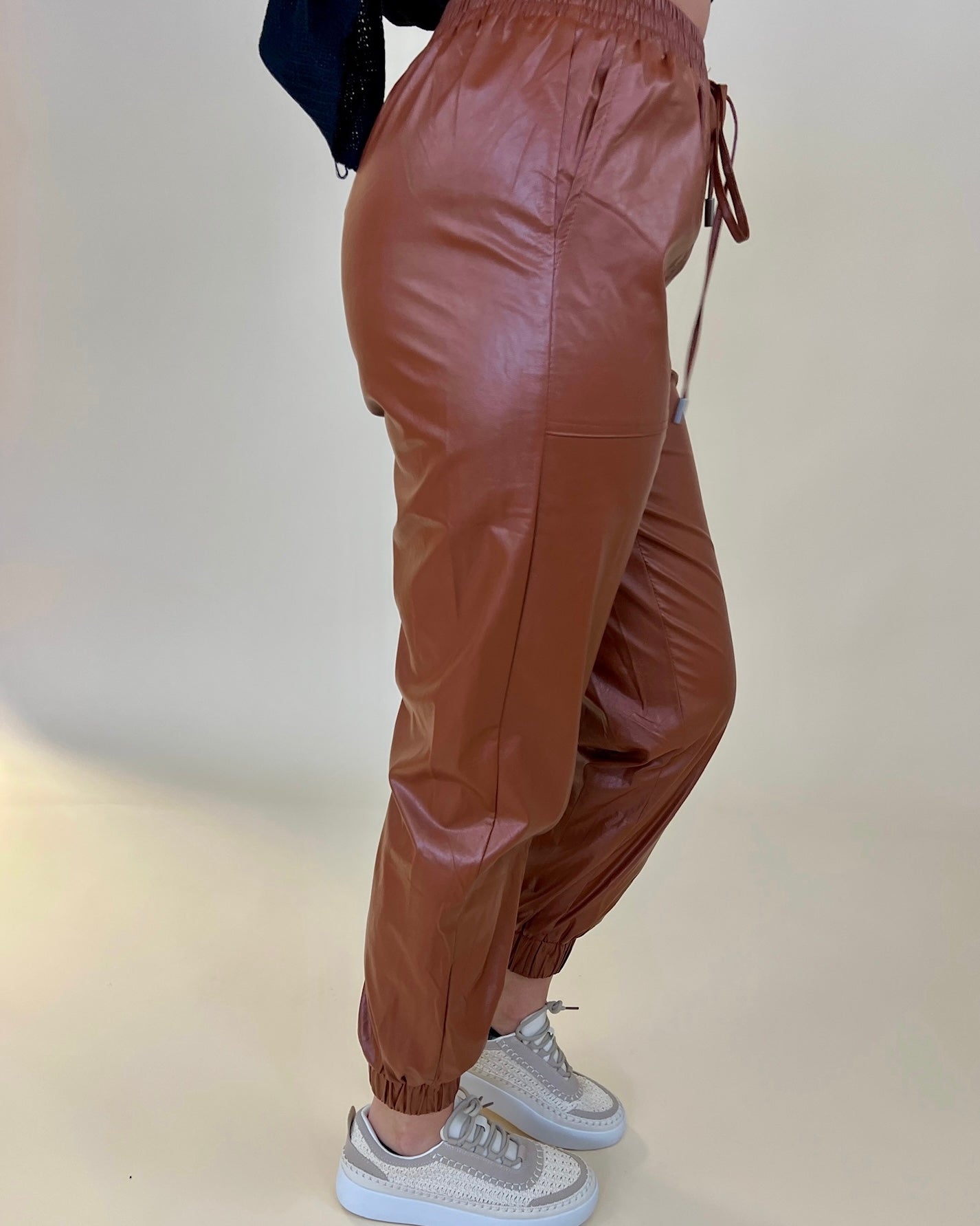 Fun Feeling Camel Faux Leather Jogger Pants-Shop-Womens-Boutique-Clothing