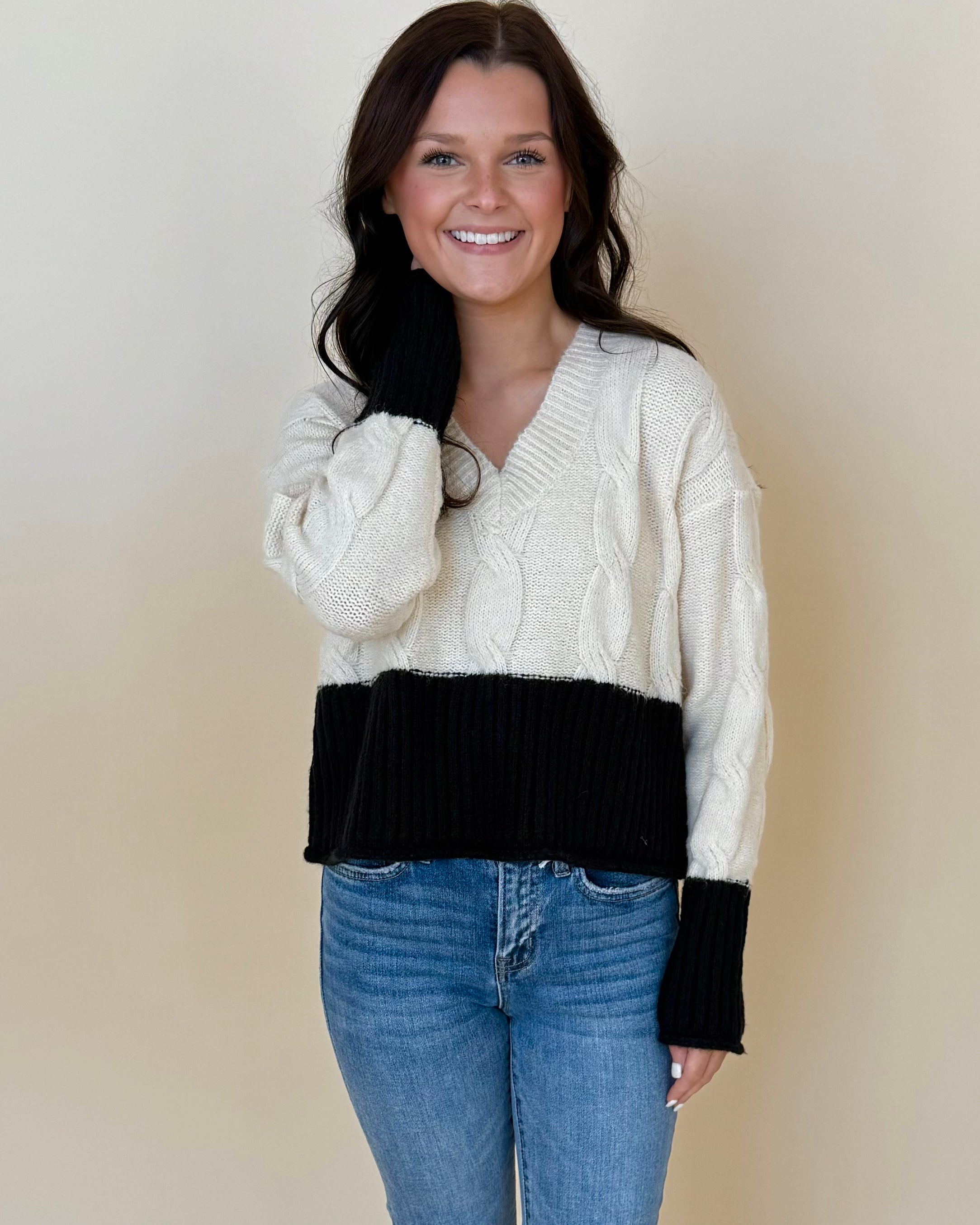 Be Present Oatmeal/Black Knit Contrast Sweater-Shop-Womens-Boutique-Clothing