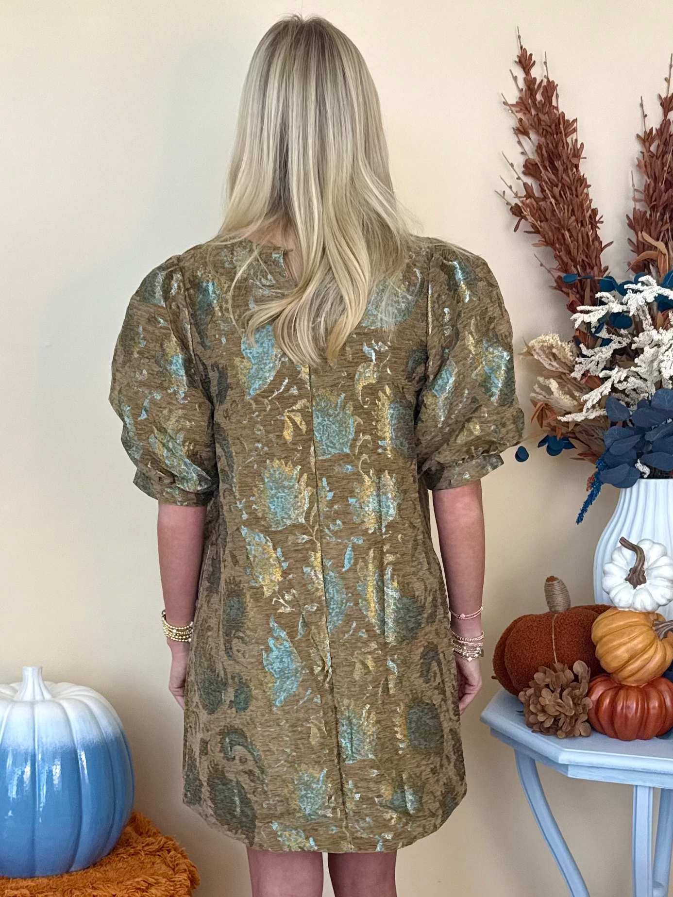 Soft Steps Taupe Mix Metallic Jacquard Puff Sleeve Dress-Shop-Womens-Boutique-Clothing
