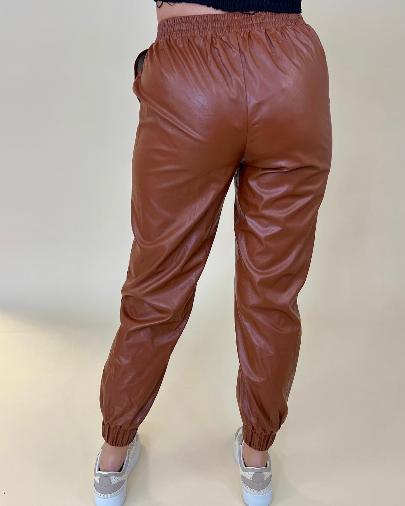 Fun Feeling Camel Faux Leather Jogger Pants-Shop-Womens-Boutique-Clothing