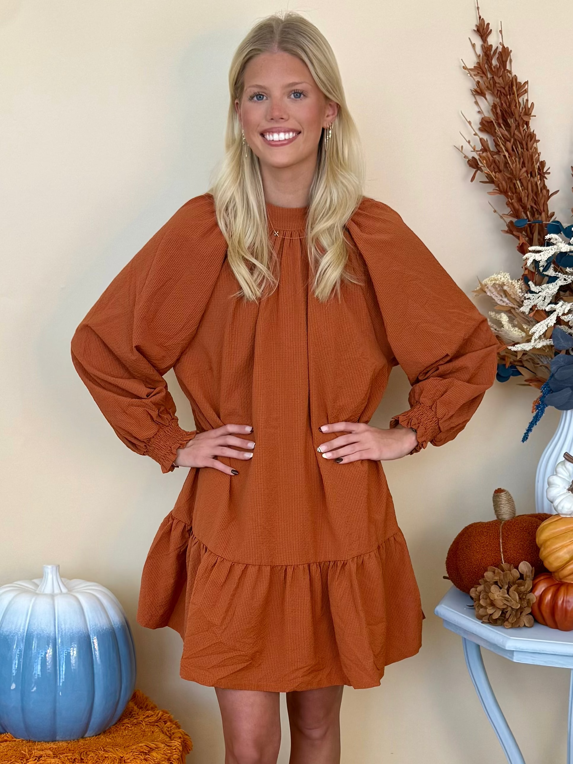 Sweet Little Details Rust Textured Back Bow Tie Dress-Shop-Womens-Boutique-Clothing