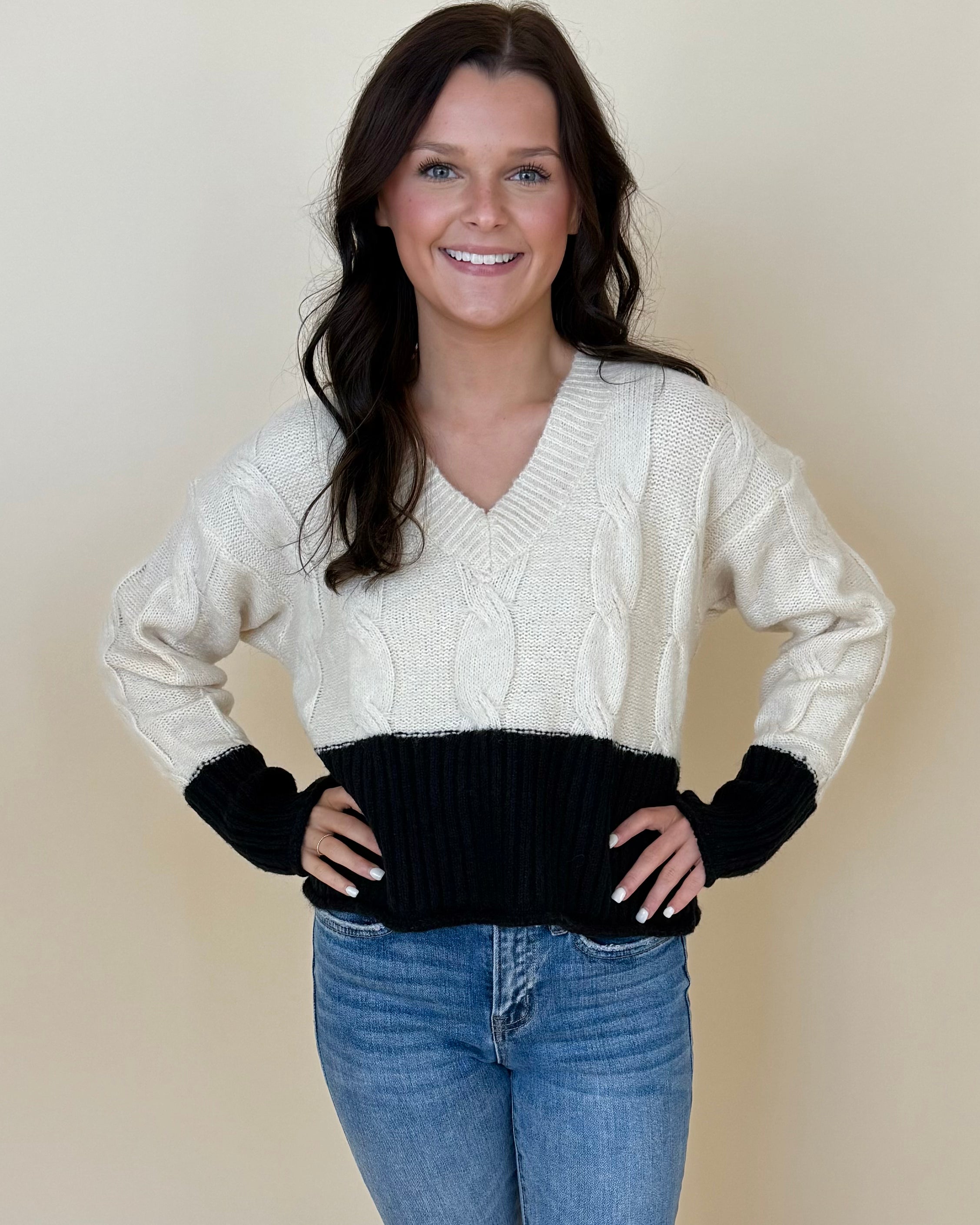 Be Present Oatmeal/Black Knit Contrast Sweater-Shop-Womens-Boutique-Clothing