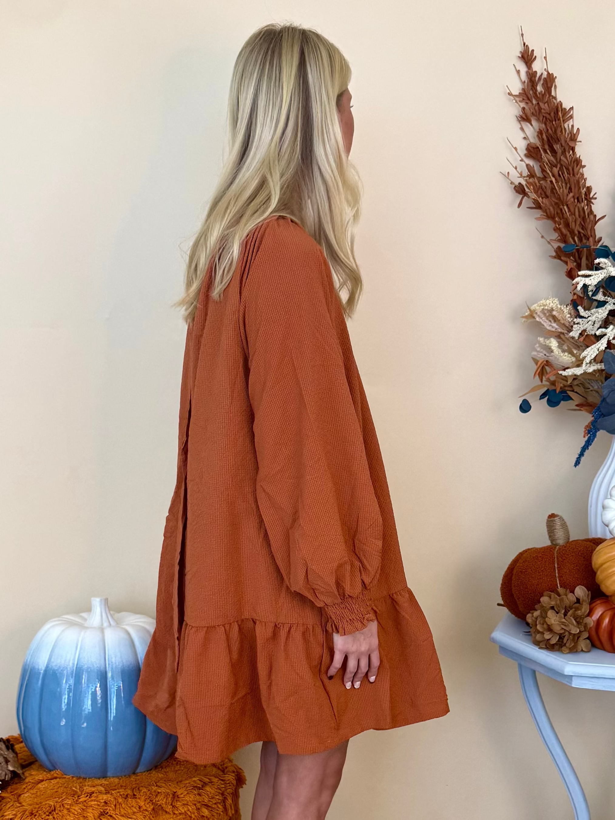 Sweet Little Details Rust Textured Back Bow Tie Dress-Shop-Womens-Boutique-Clothing