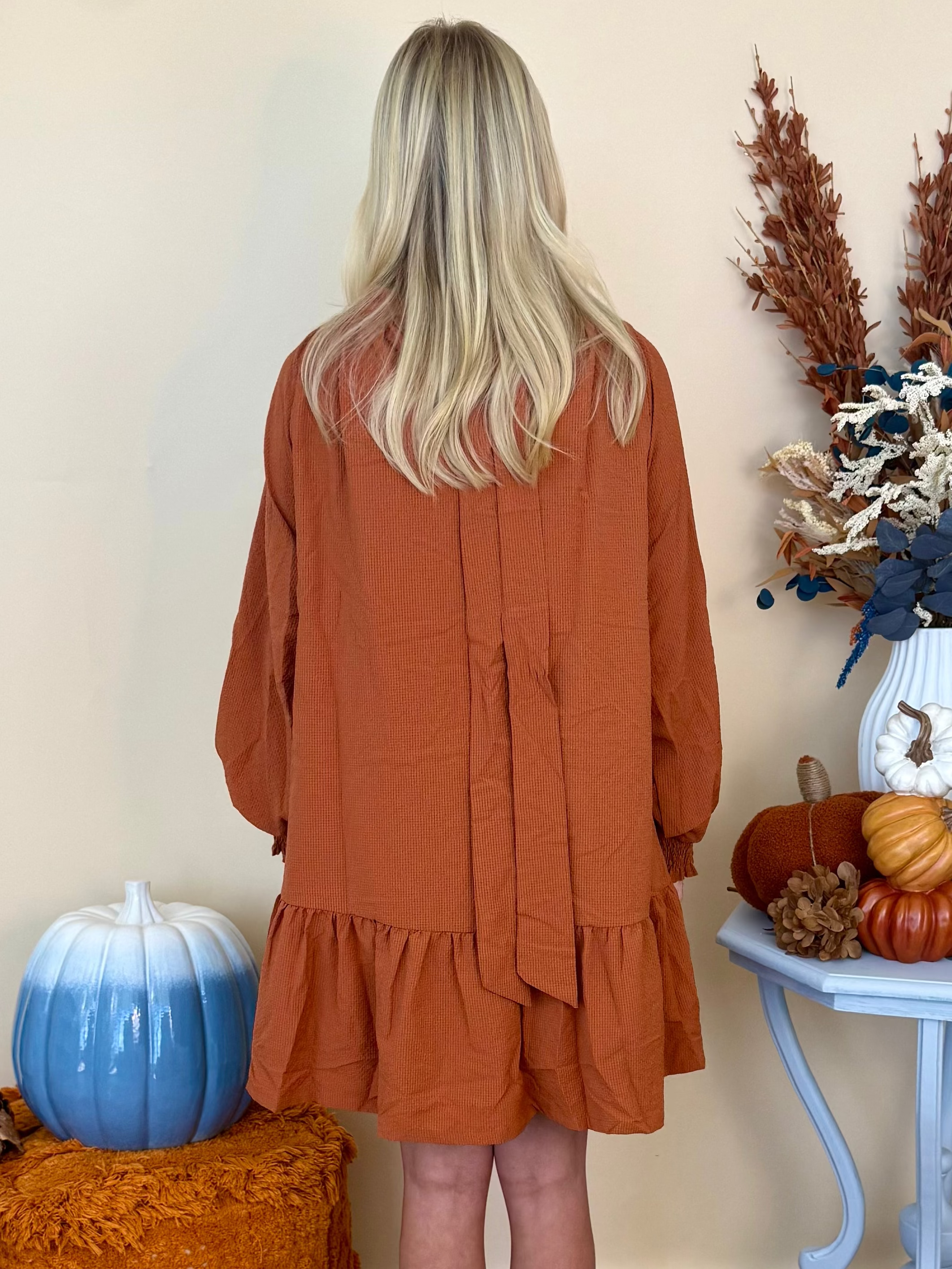 Sweet Little Details Rust Textured Back Bow Tie Dress-Shop-Womens-Boutique-Clothing