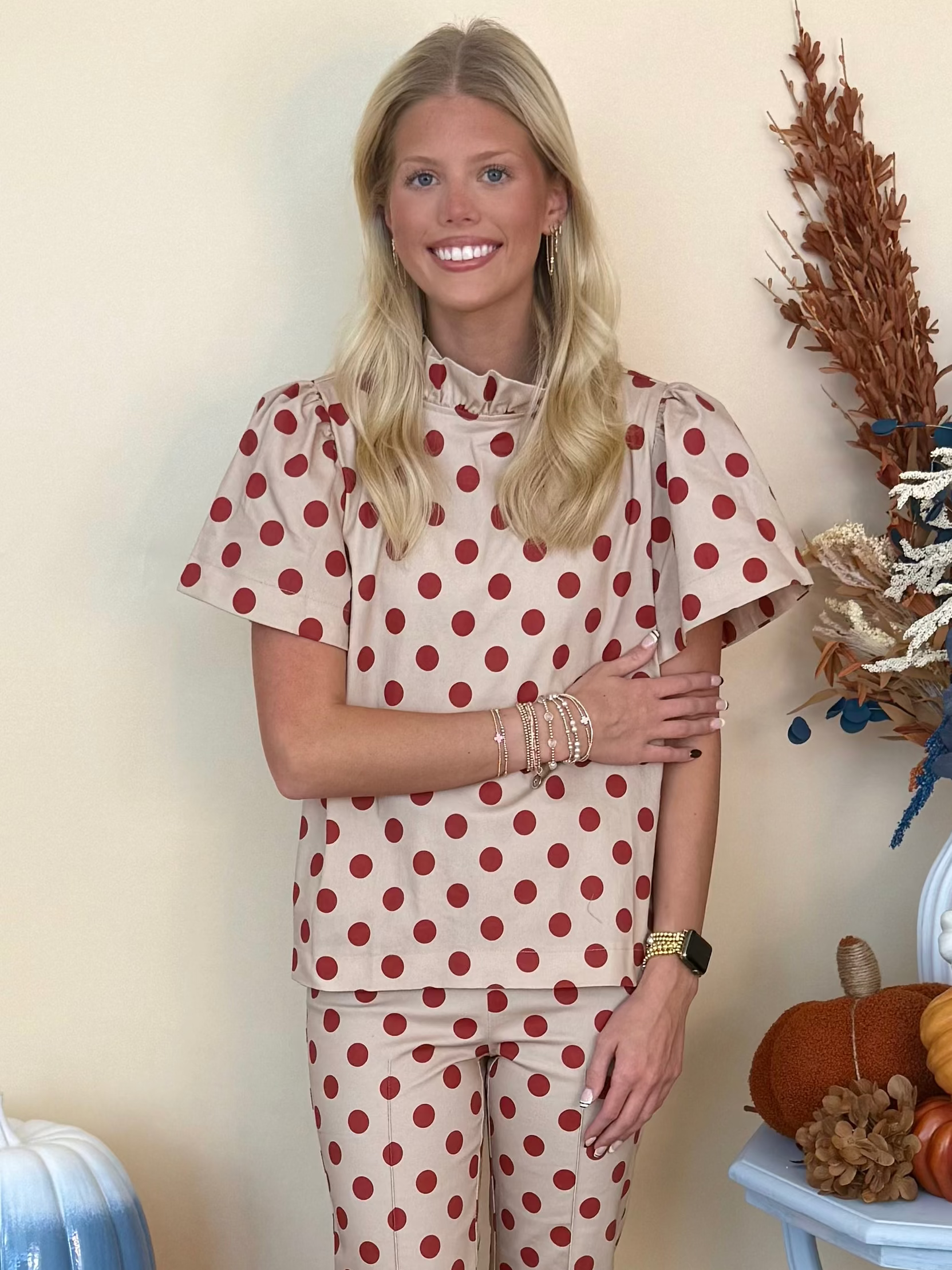 A Beautiful Place Beige Polka Dot Ruffle Top-Shop-Womens-Boutique-Clothing
