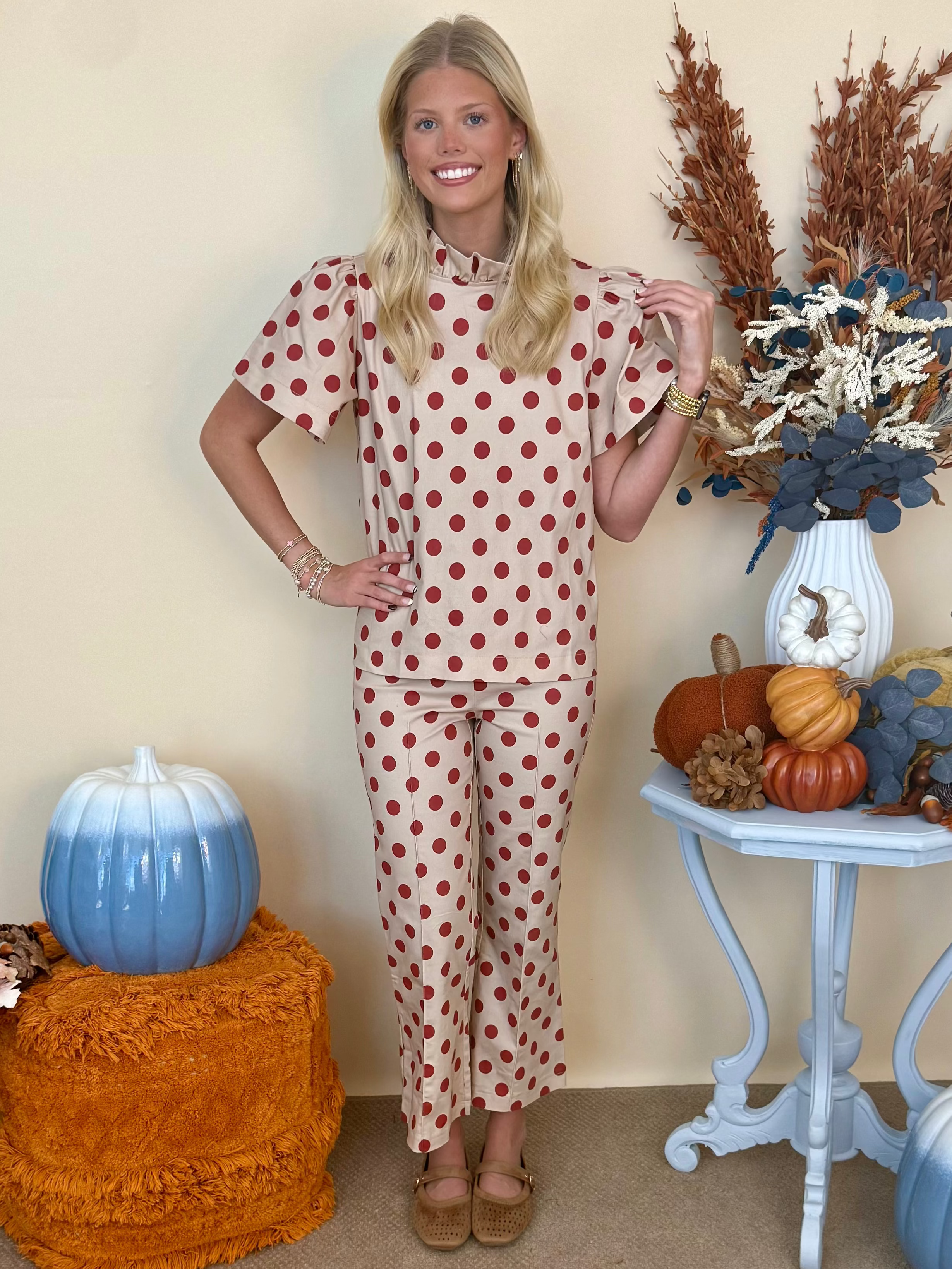 A Beautiful Place Beige Polka Dot High Waist Stretch Flare Crop Pants-Shop-Womens-Boutique-Clothing