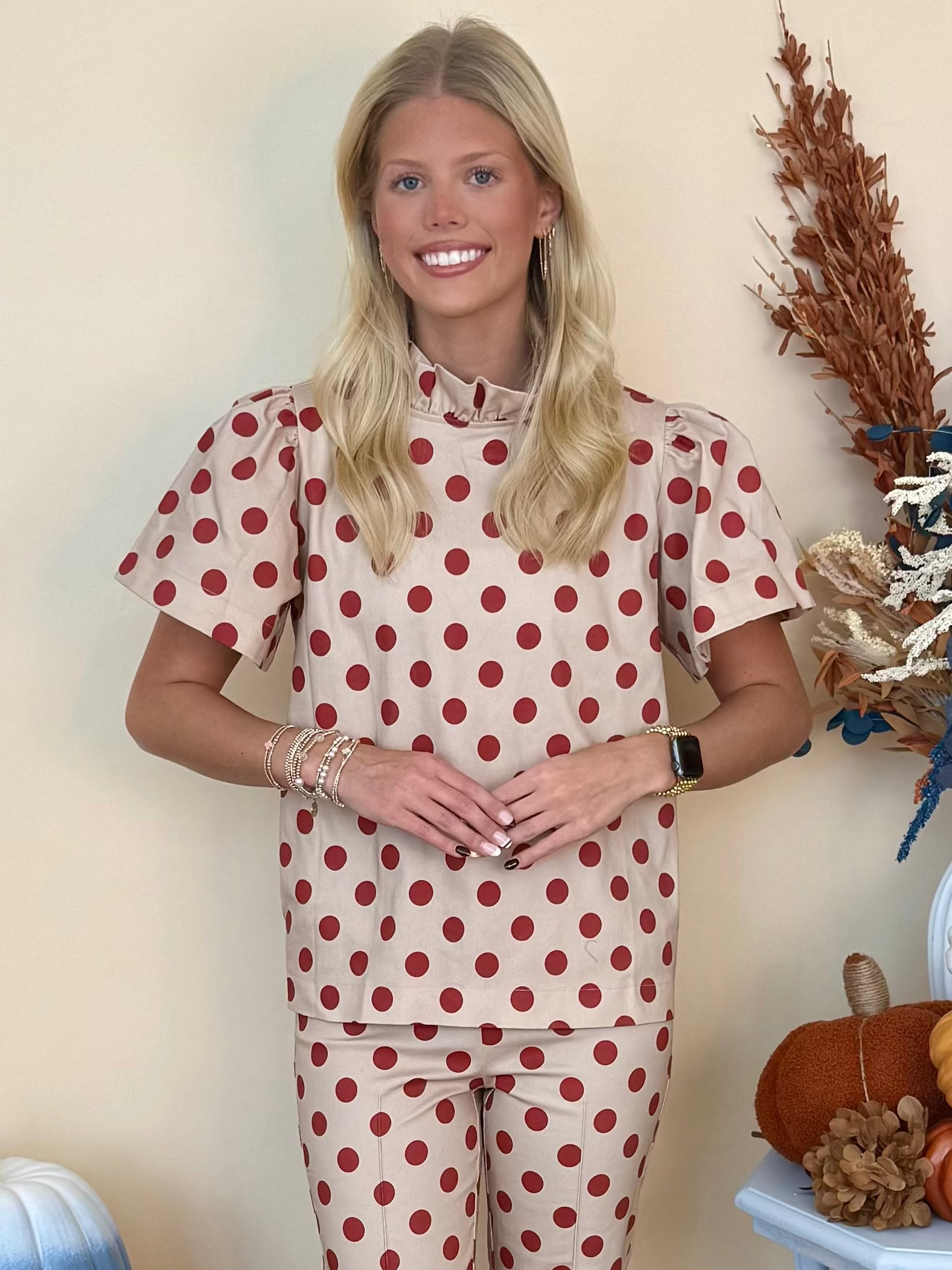 A Beautiful Place Beige Polka Dot Ruffle Top-Shop-Womens-Boutique-Clothing