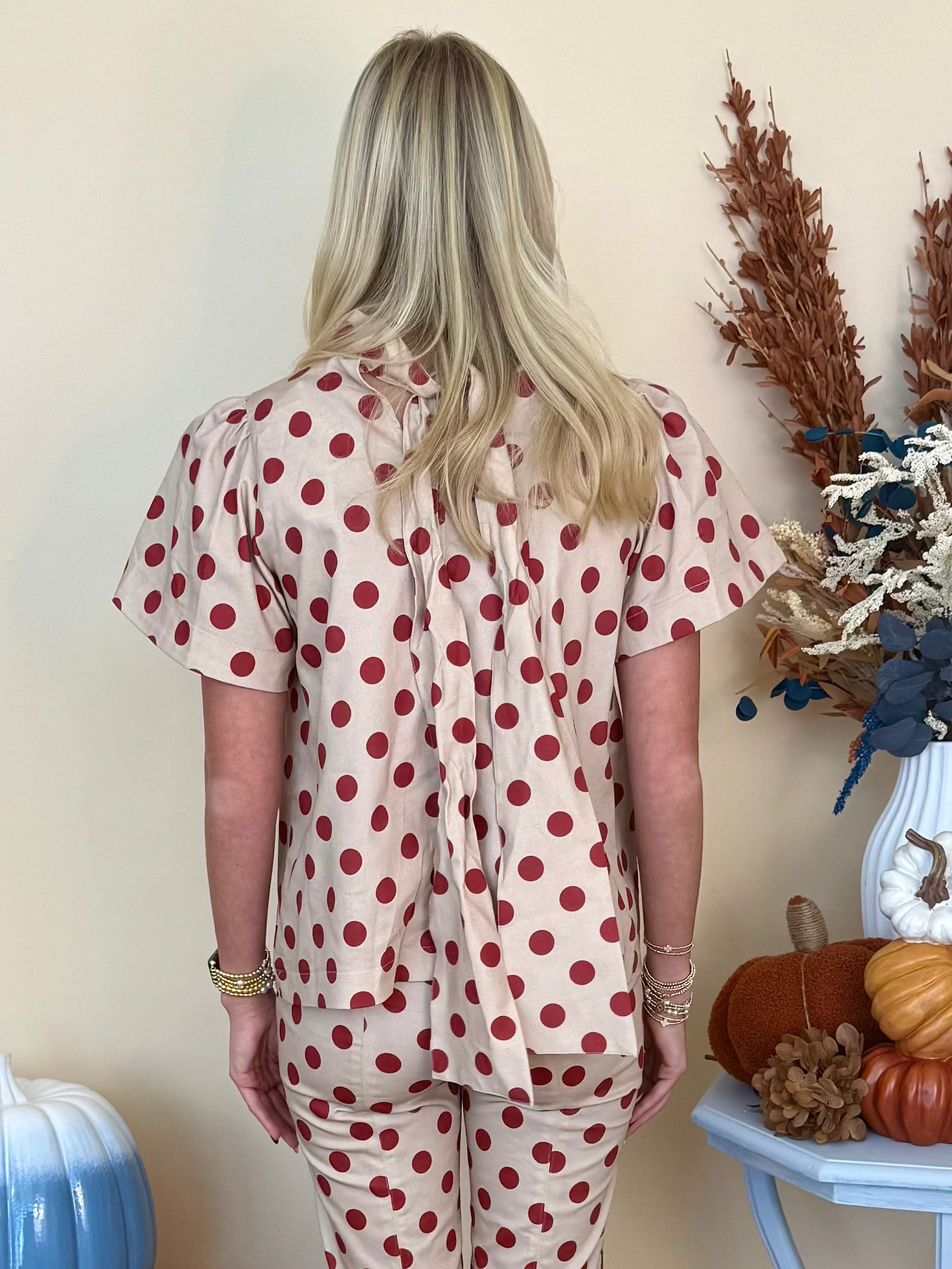 A Beautiful Place Beige Polka Dot Ruffle Top-Shop-Womens-Boutique-Clothing