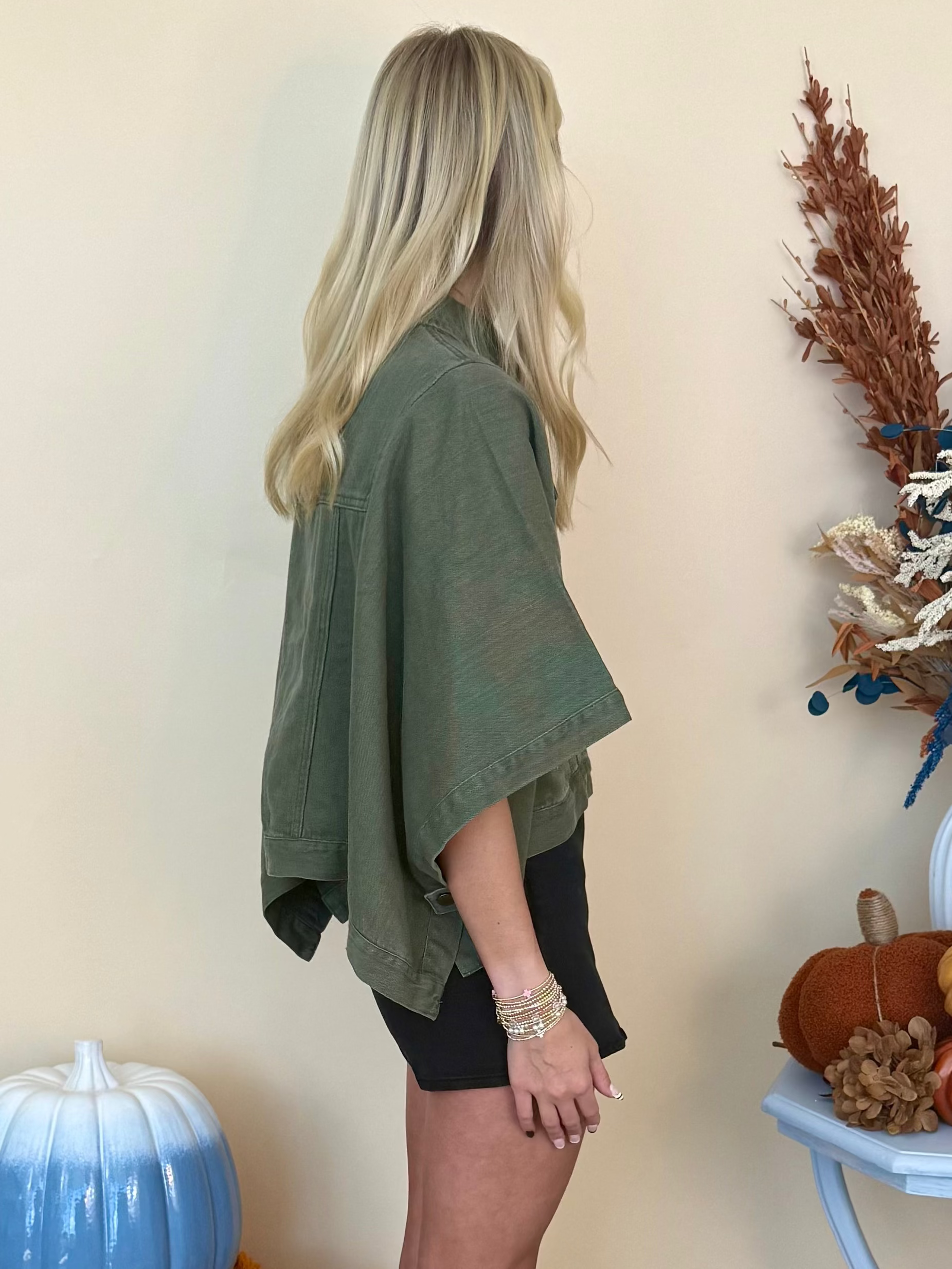 Morning Cider Olive Denim Wide Arm Jacket-Shop-Womens-Boutique-Clothing