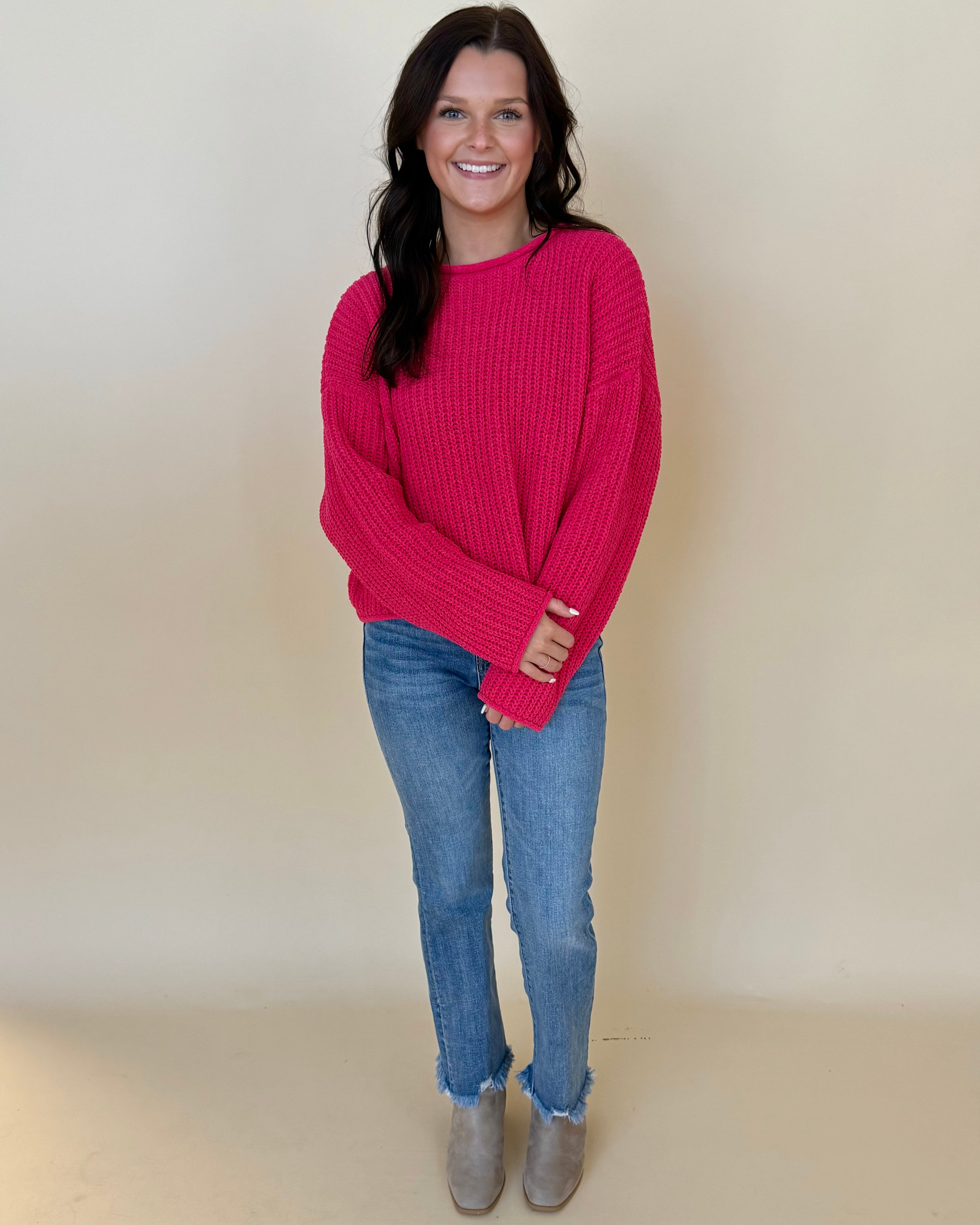 Enough Said Raspberry Rolled Sweater-Shop-Womens-Boutique-Clothing