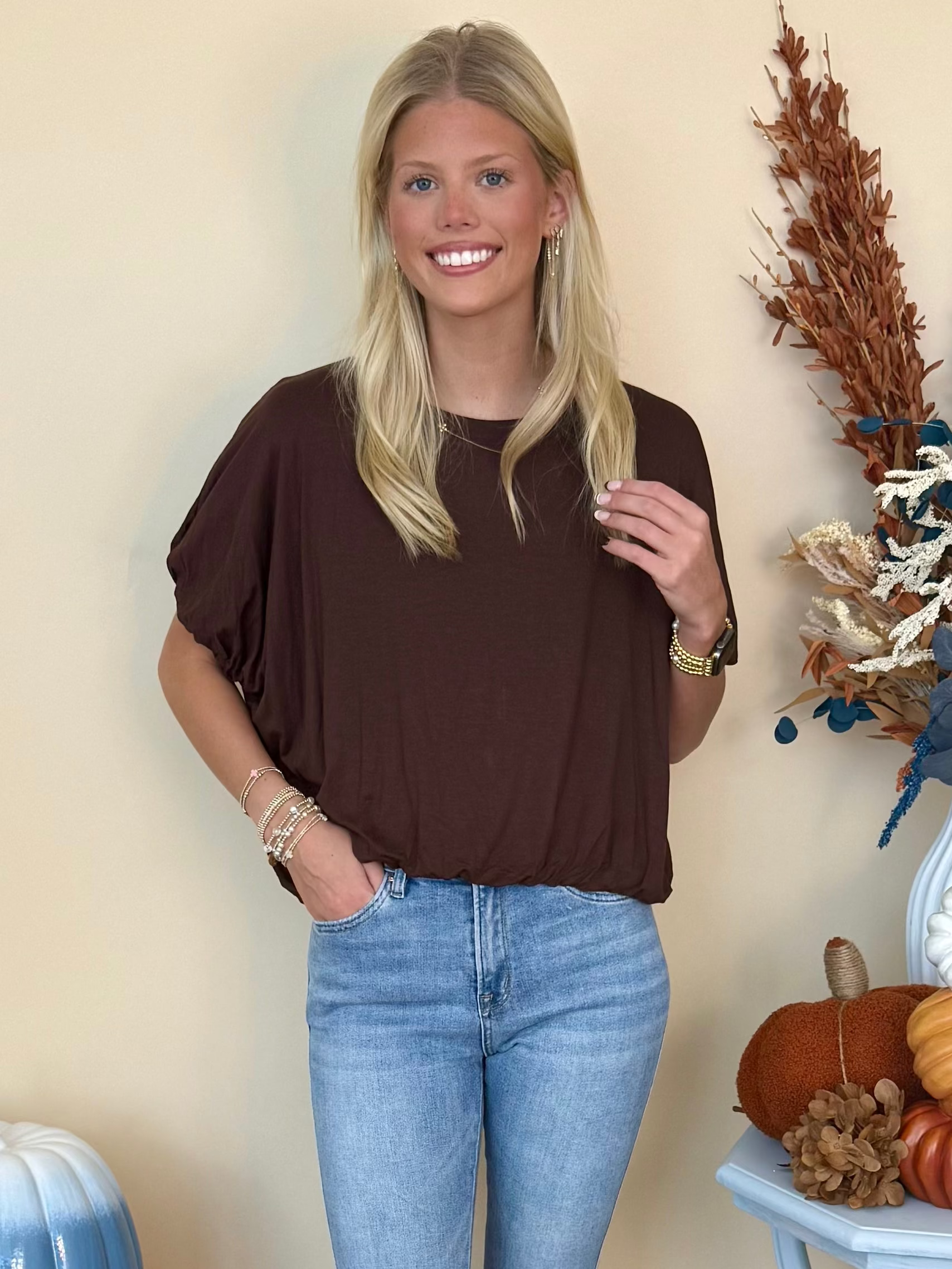 Best Dressed Brown Bamboo Bubble Sleeve Hem Top-Shop-Womens-Boutique-Clothing