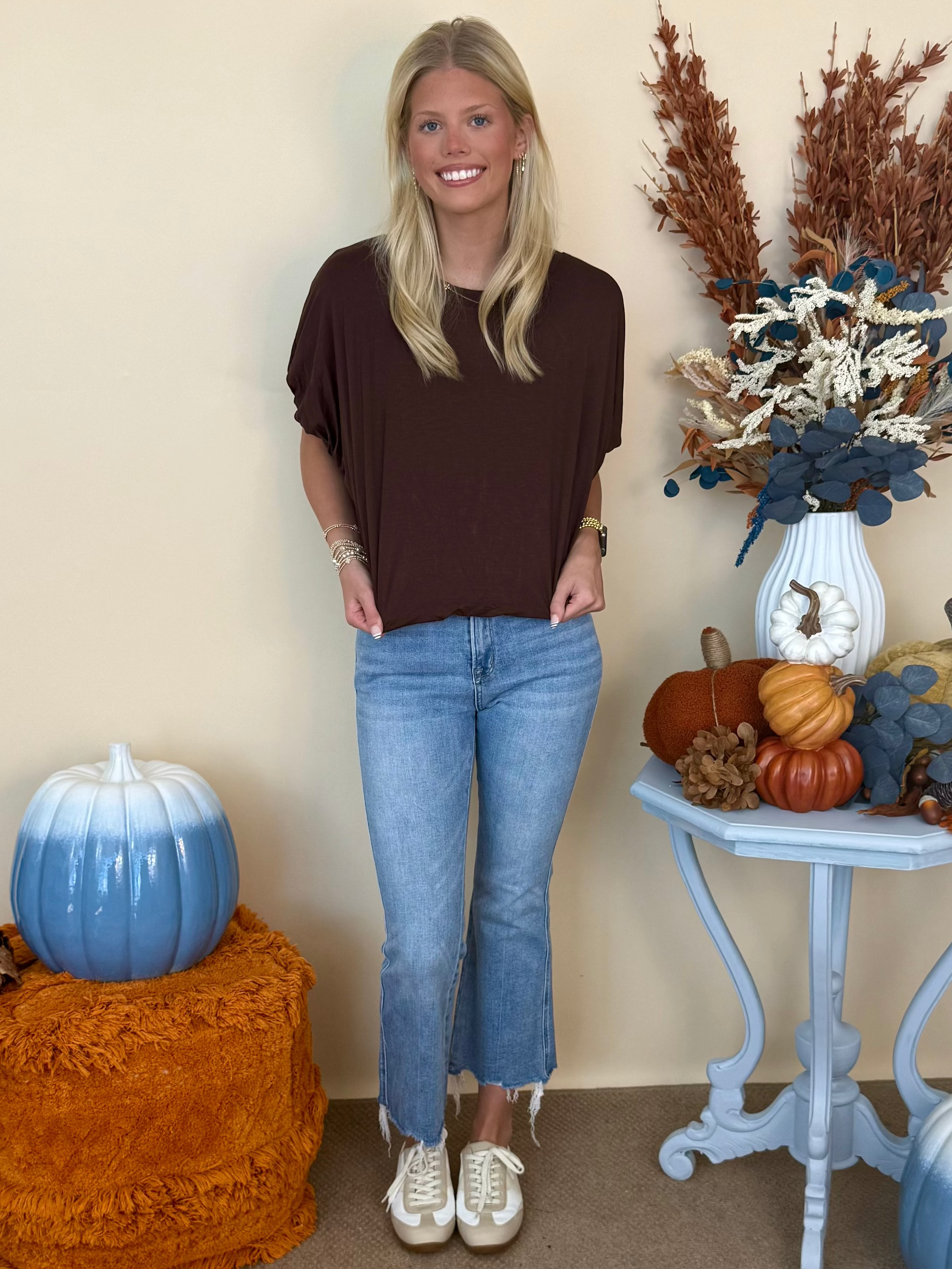 Best Dressed Brown Bamboo Bubble Sleeve Hem Top-Shop-Womens-Boutique-Clothing