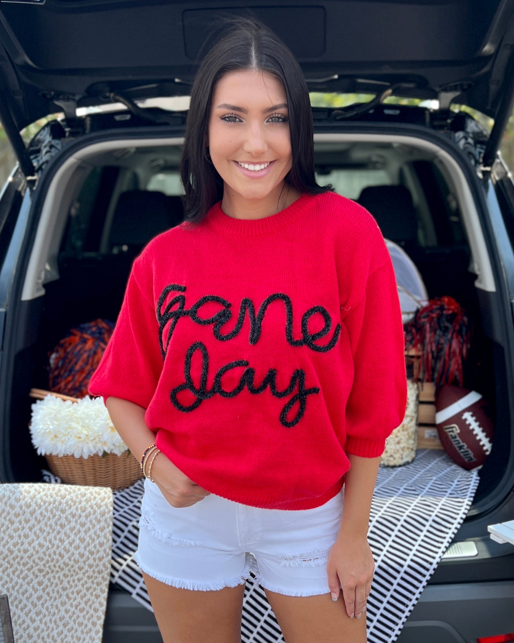 Go Fight Win Red Game Day Puff Sleeve Sweater-Shop-Womens-Boutique-Clothing